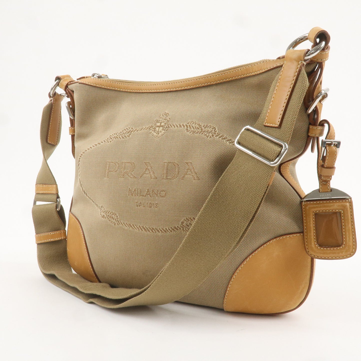 PRADA Logo Jaquard Leather Shoulder Bag Beige Brown