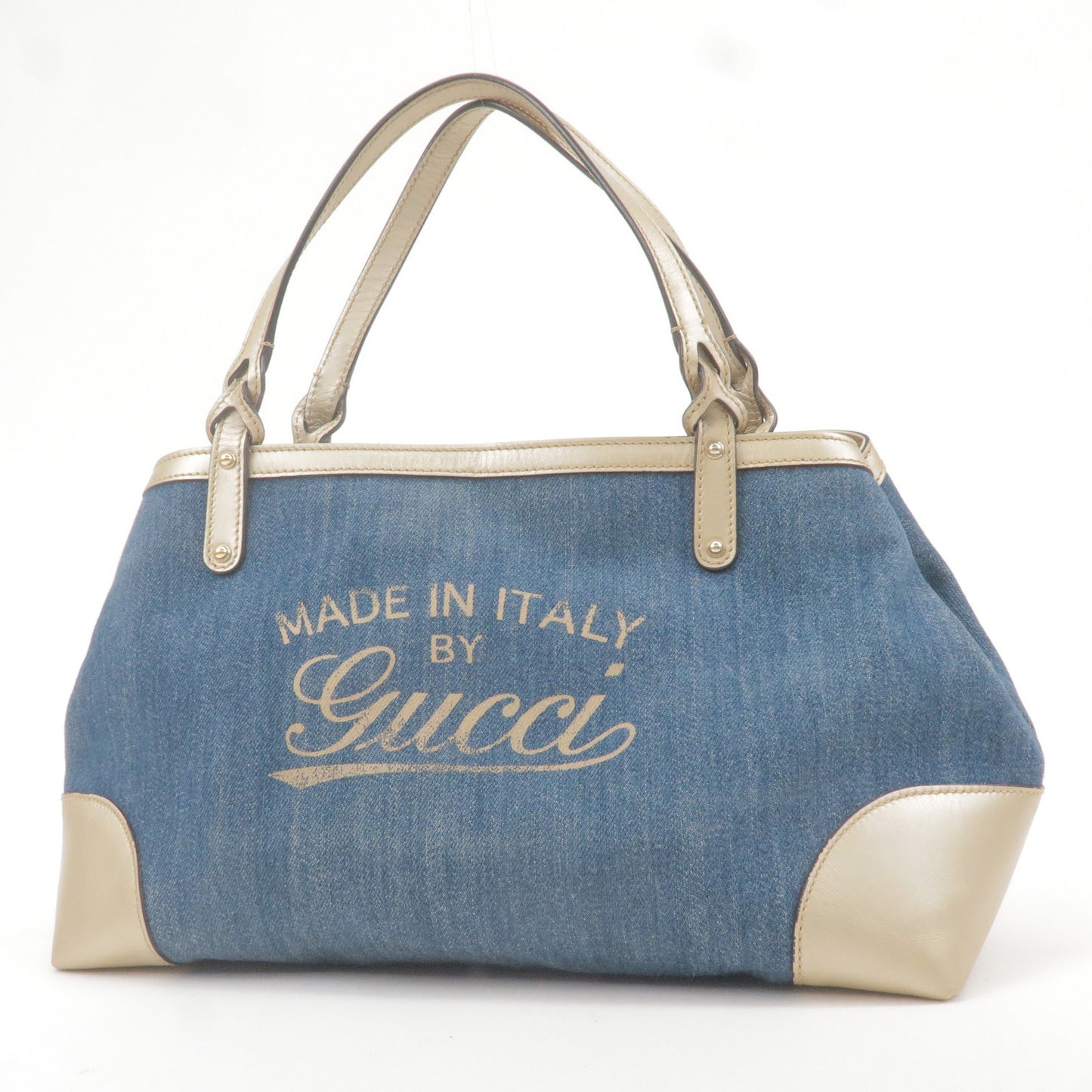 GUCCI Craft Denim Leather Tote Bag Blue Gold 348715