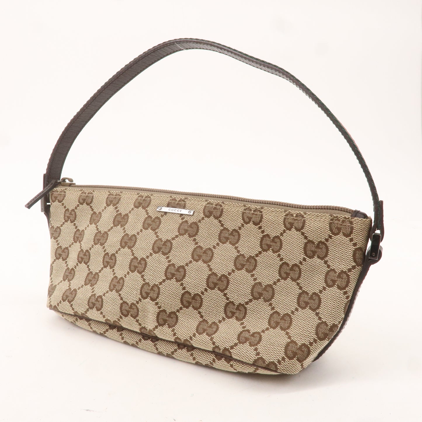 GUCCI Boat Bag Sherry GG Canvas Leather Pouch Beige Brown 141809