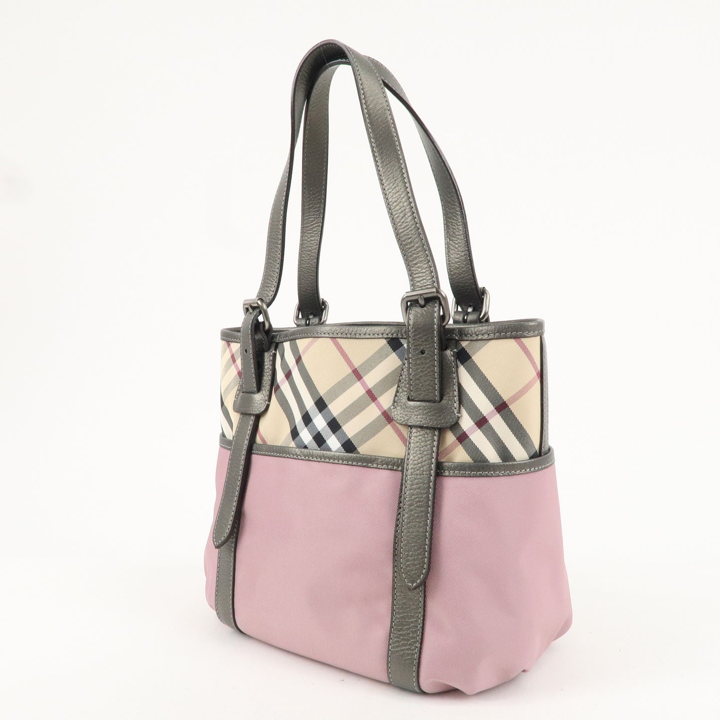 BURBERRY Canvas Leather Nova Plaid Tote Bag Pink Beige