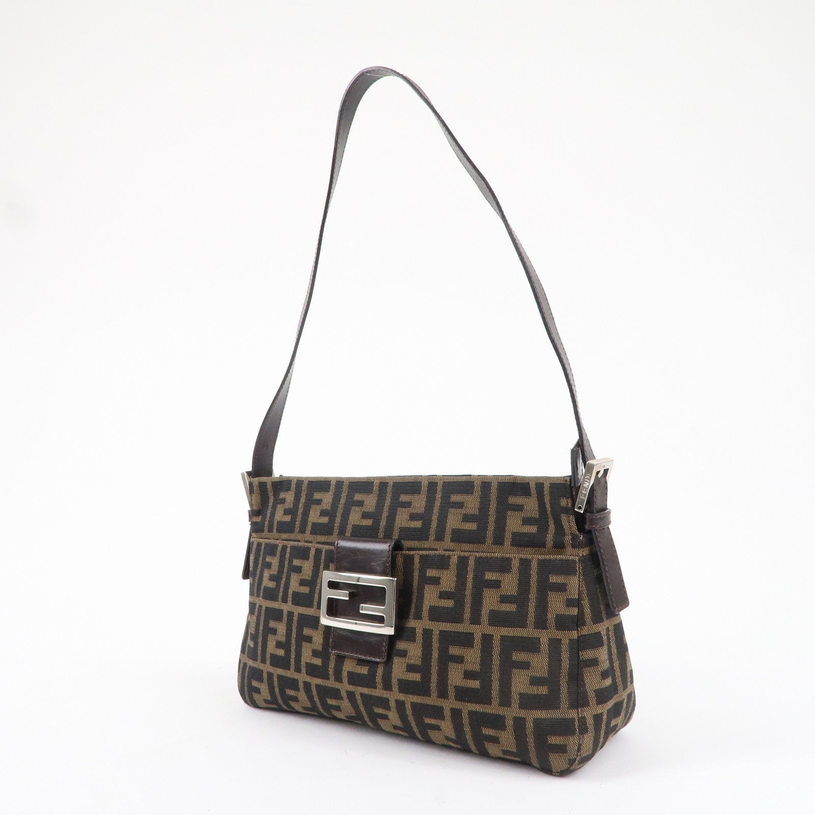 FENDI Zucca Canvas Leather Shoulder Bag Brown Black 26566