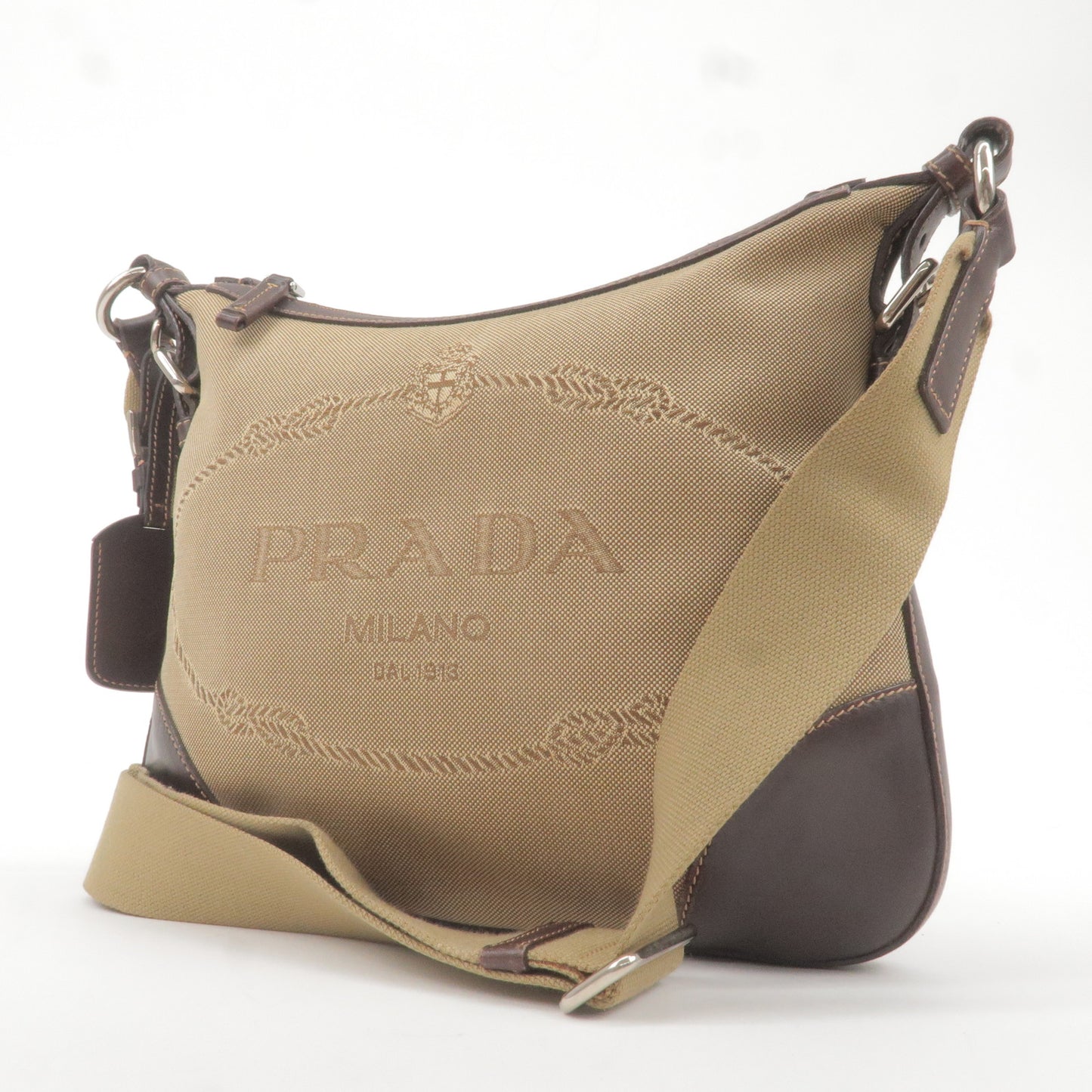 PRADA Logo Jacquard Leather Shoulder Bag Beige Brown BT0534