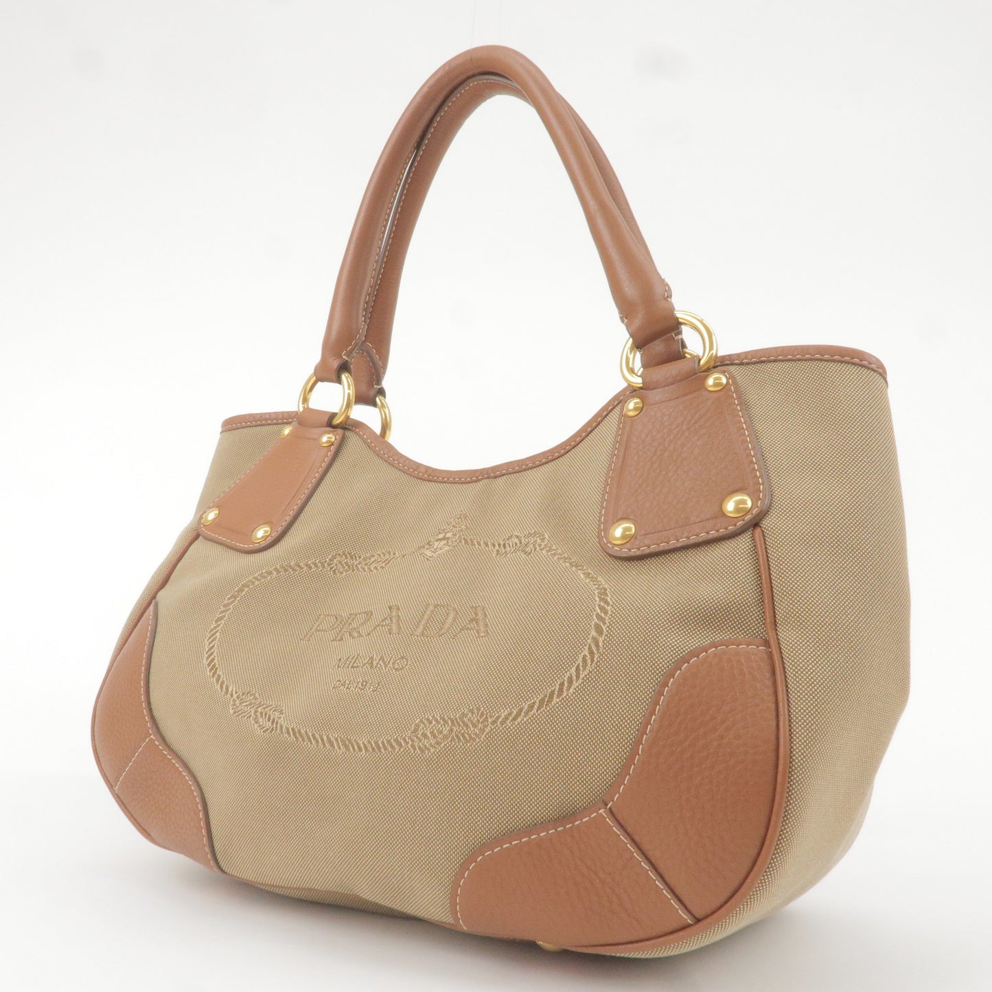 PRADA Logo Jacquard Leather Tote Bag Hand Bag Brown BR4635