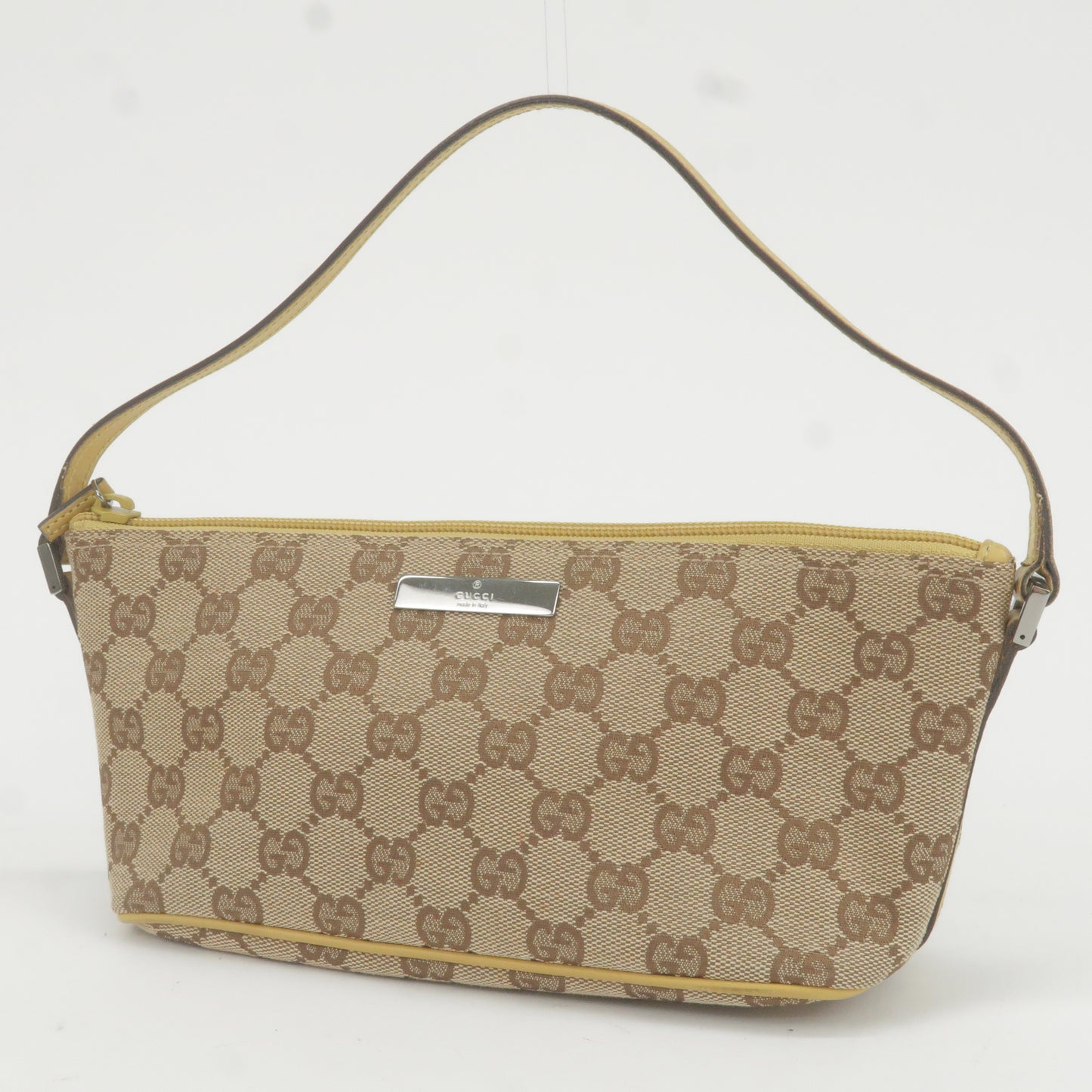 GUCCI GG Canvas Leather Pouch Boat Bag Brown Yellow 07198