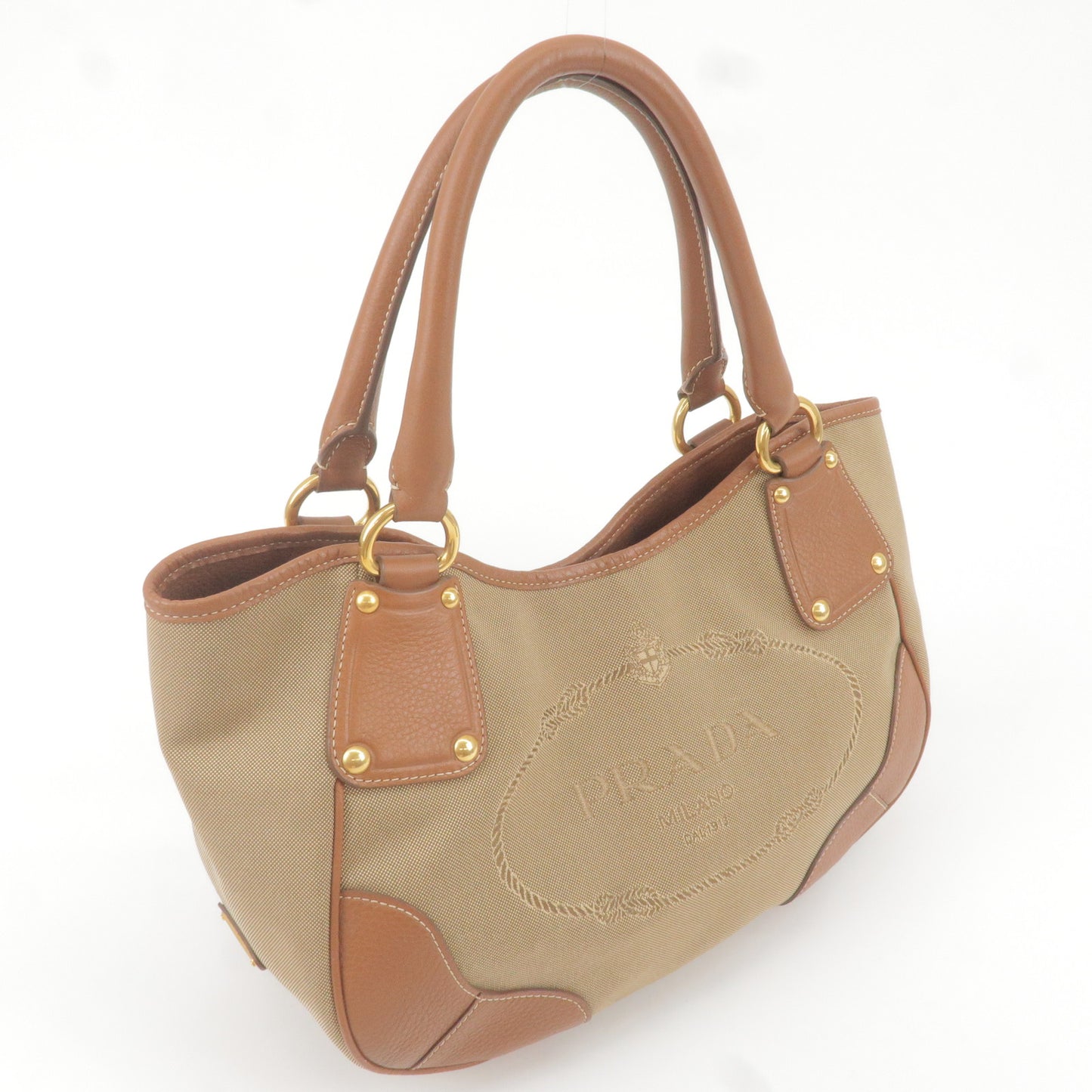 PRADA Logo Jacquard Leather Tote Bag Hand Bag Brown BR4635