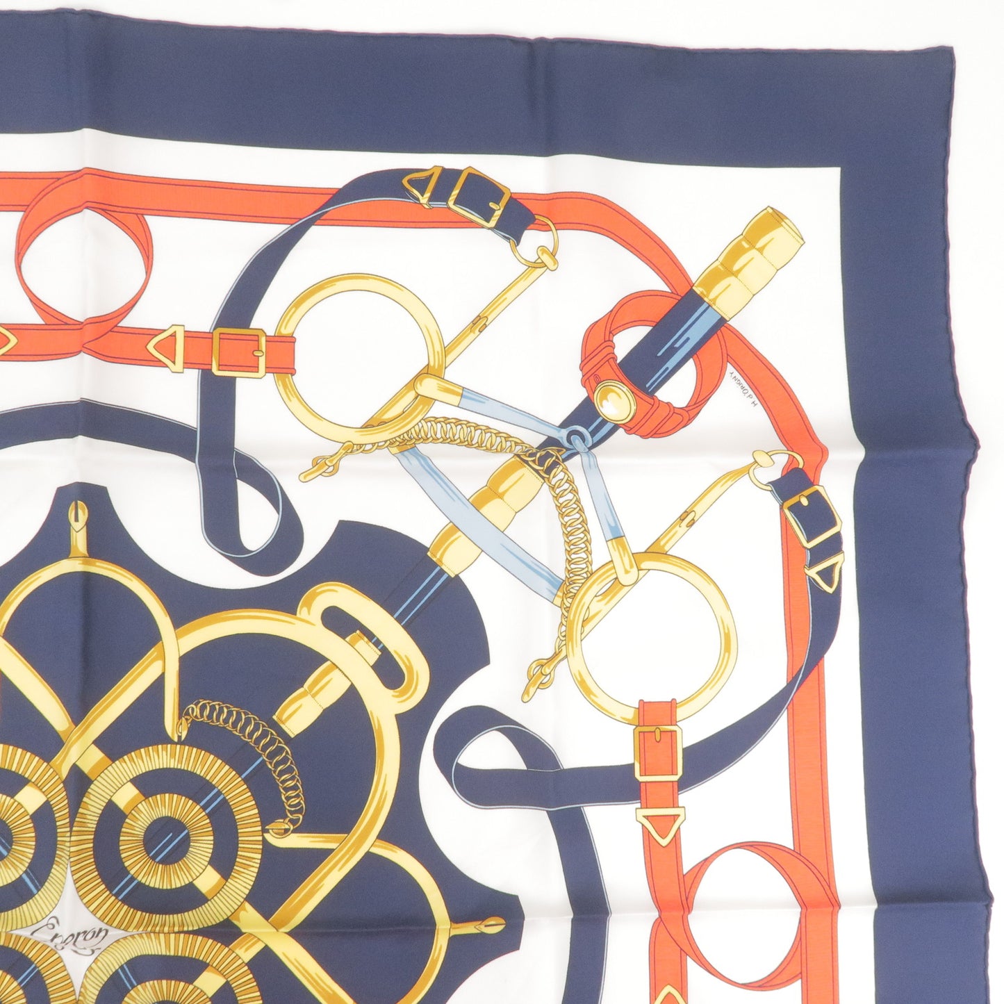 HERMES Carre 90 Silk 100% Scarf Eperon d or Navy