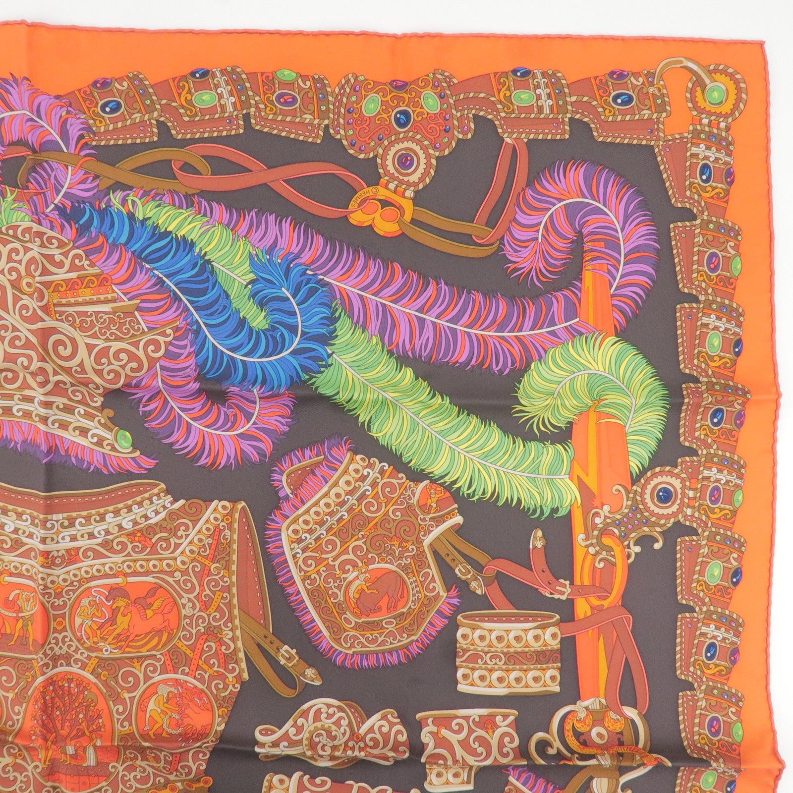 HERMES Carre 90 100% Silk  Scarf War God Mars Black Orange