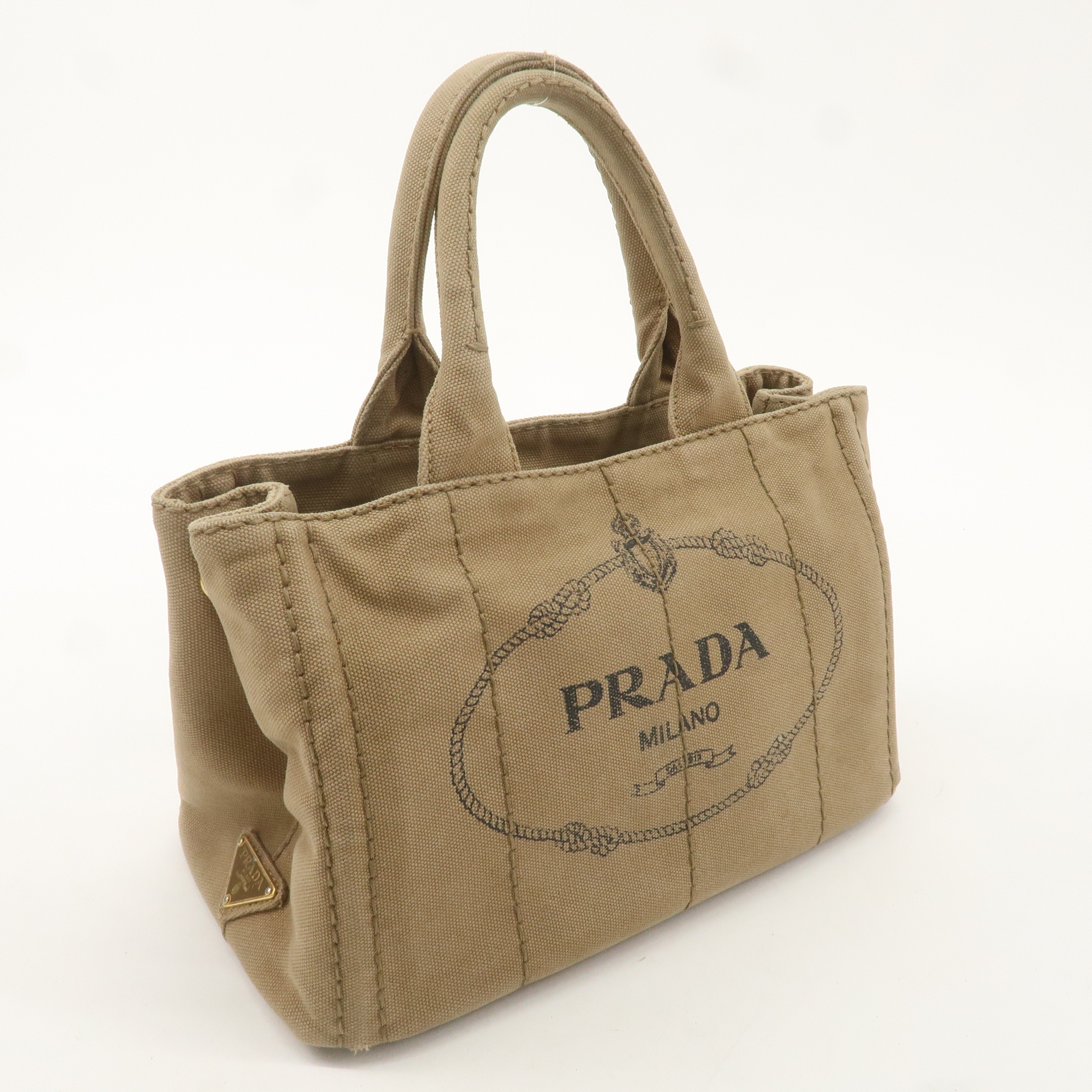 PRADA Logo Canapa Mini Canvas Tote Bag Hand Bag Beige B2439G