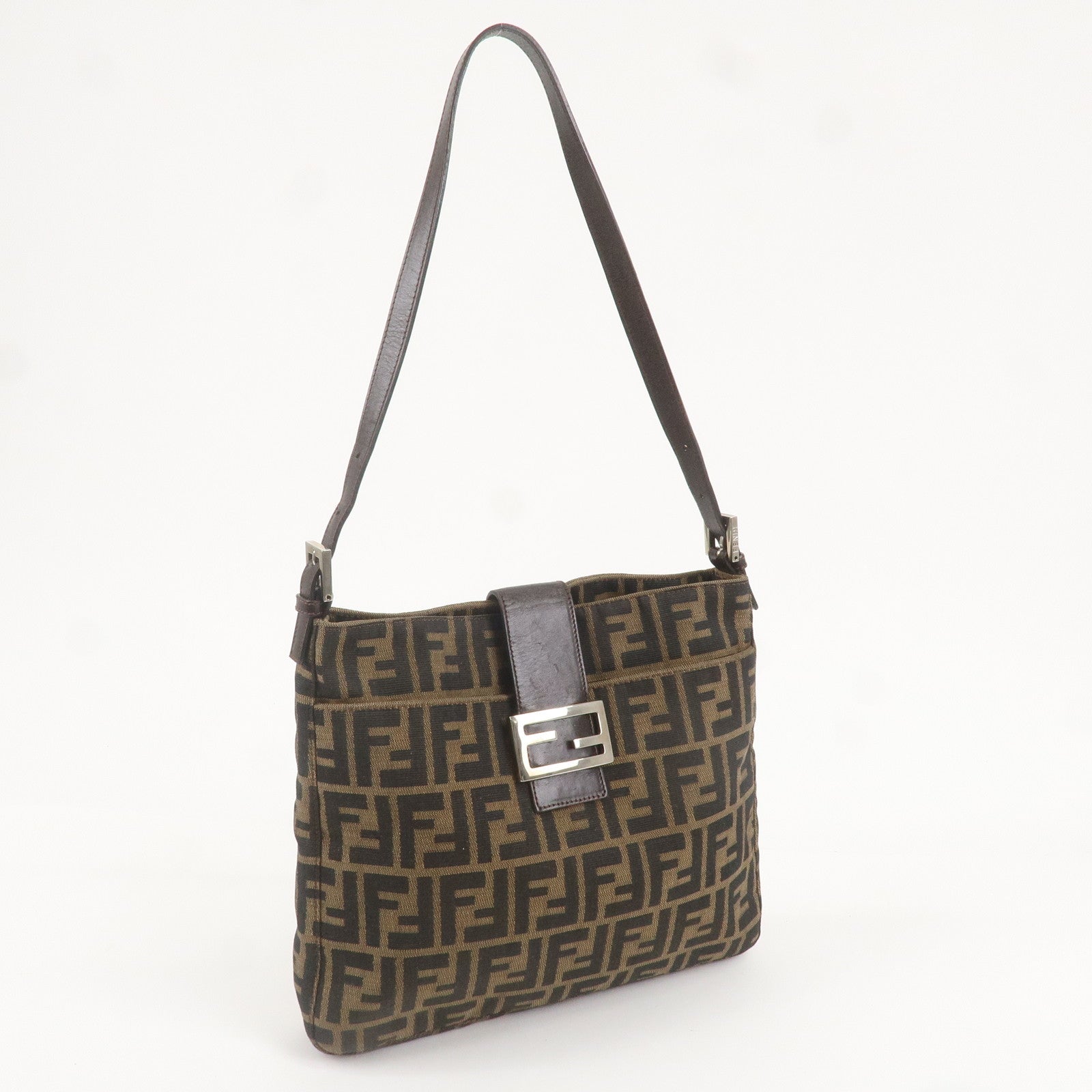 FENDI Zucca Canvas Leather Shoulder Bag Brown Black 26727