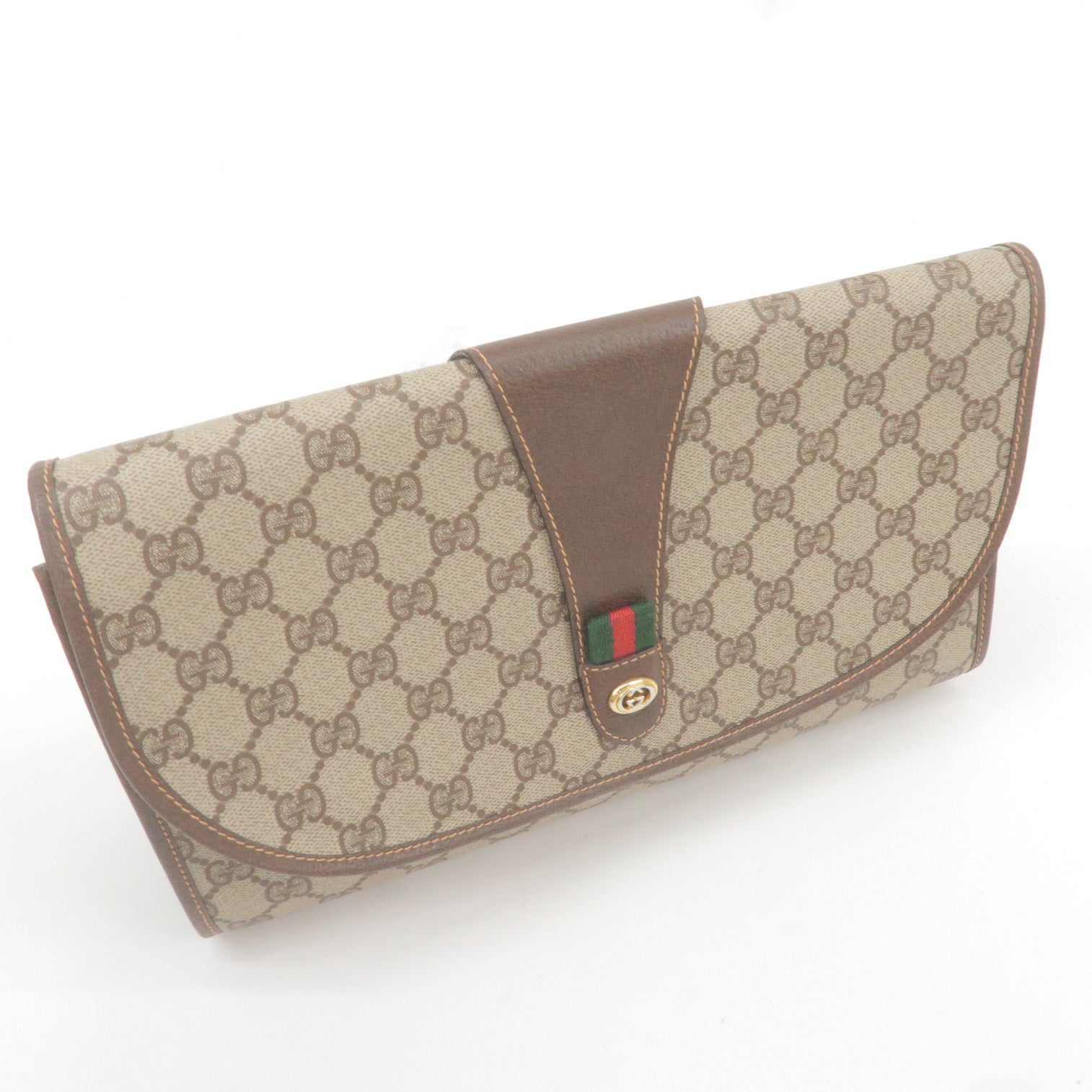 GUCCI Sherry Old Gucci GG Plus Leather Clutch Bag Beige Brown