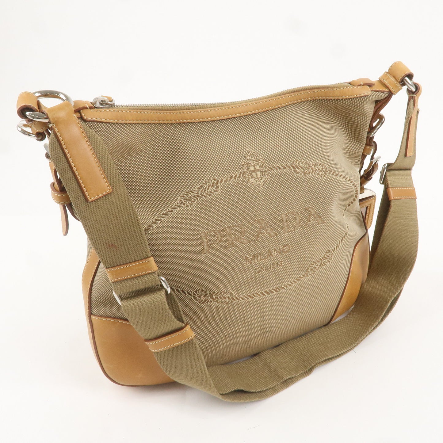 PRADA Logo Jaquard Leather Shoulder Bag Beige Brown