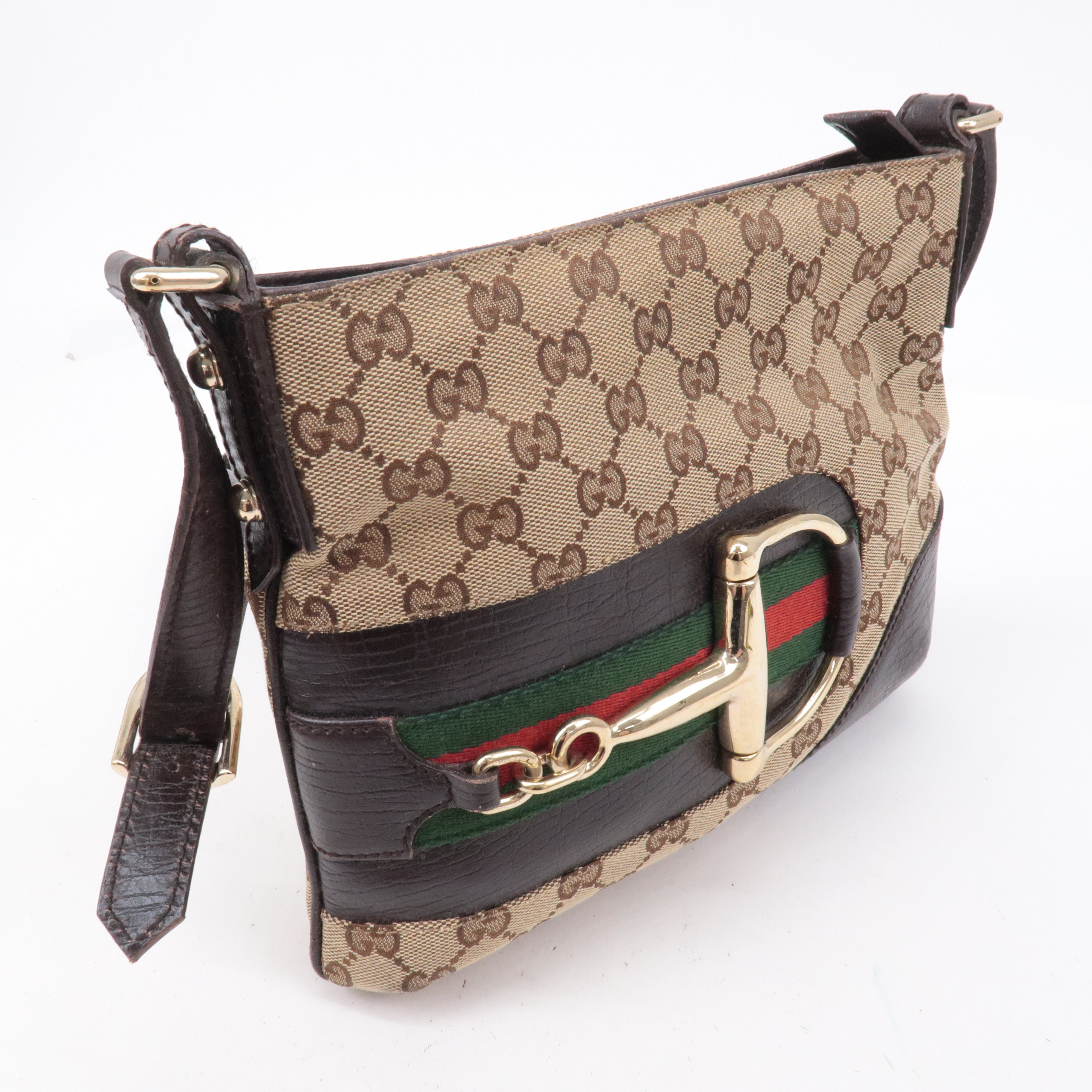 GUCCI Horsebit Sherry GG Canvas Leather Shoulder Bag Brown 141506