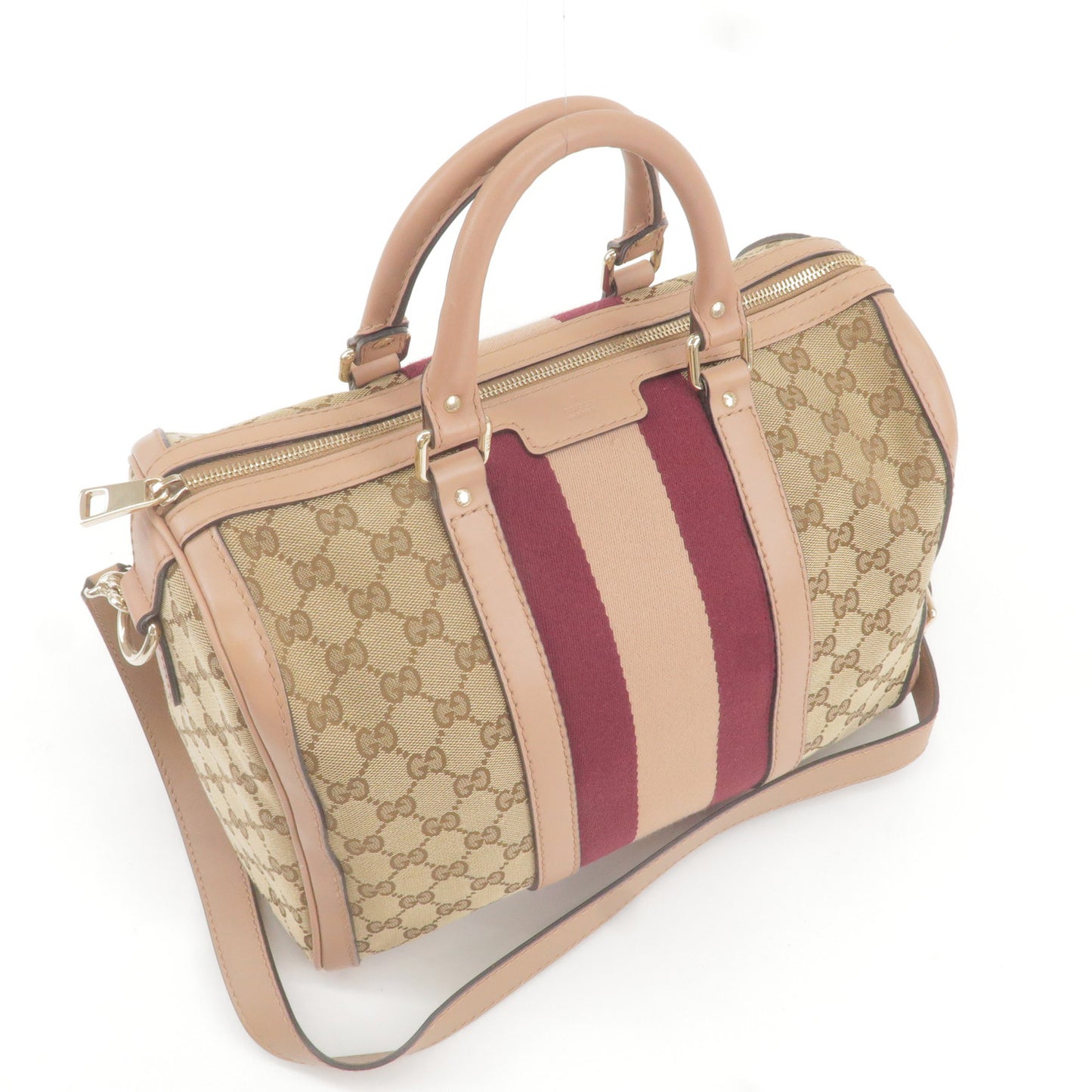 GUCCI Sherry Line GG Canvas Leather Boston Bag Pink Beige 247205