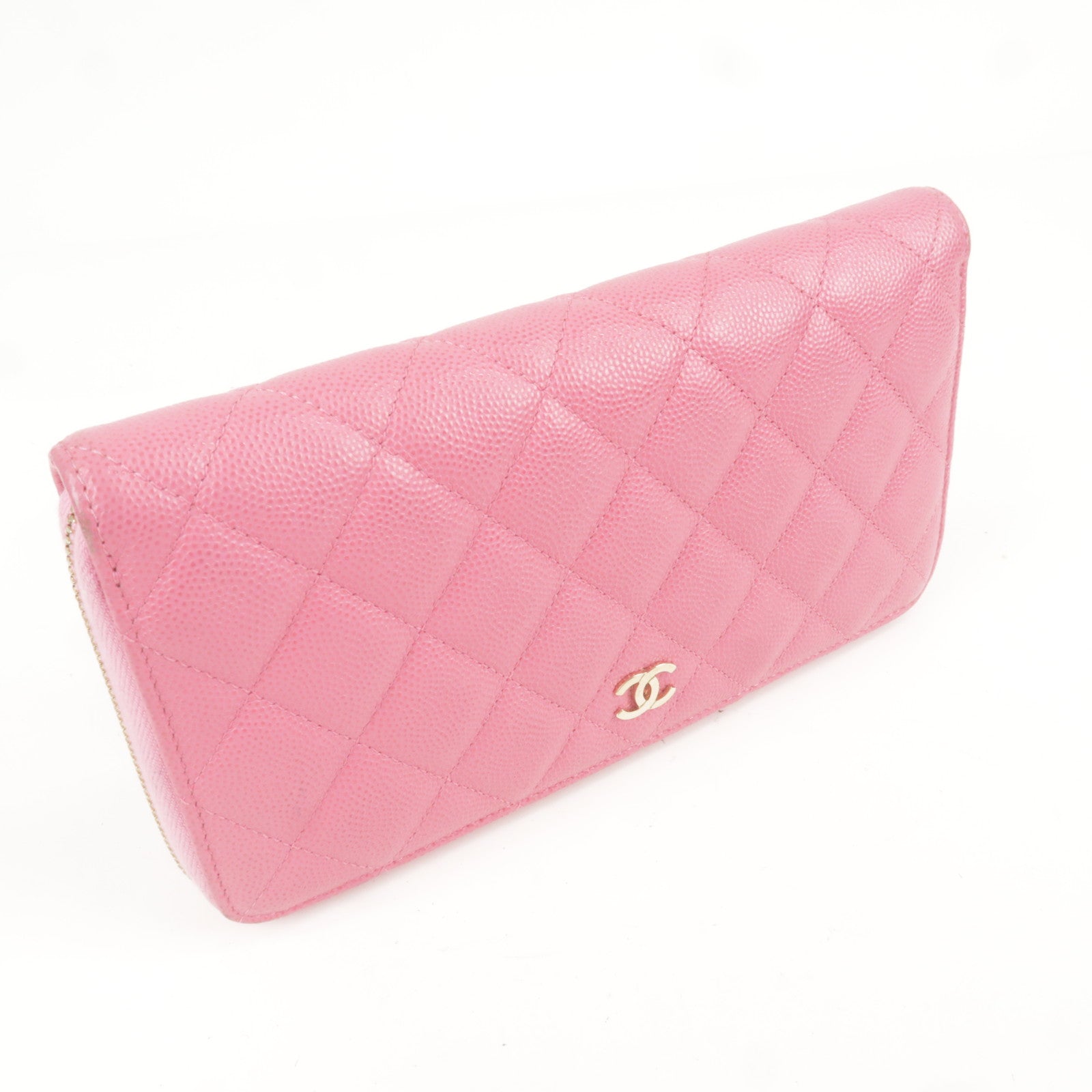 CHANEL Matelasse Caviar Skin Round Zippy Long Wallet Pink AP0242