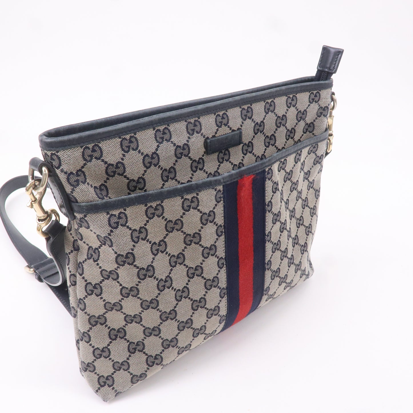 GUCCI Sherry GG Canvas Leather Shoulder Bag Navy Beige 388926