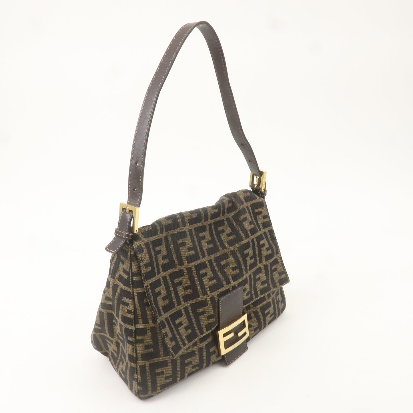 FENDI Zucca Mamma Baguette Canvas Leather Shoulder Bag Brown