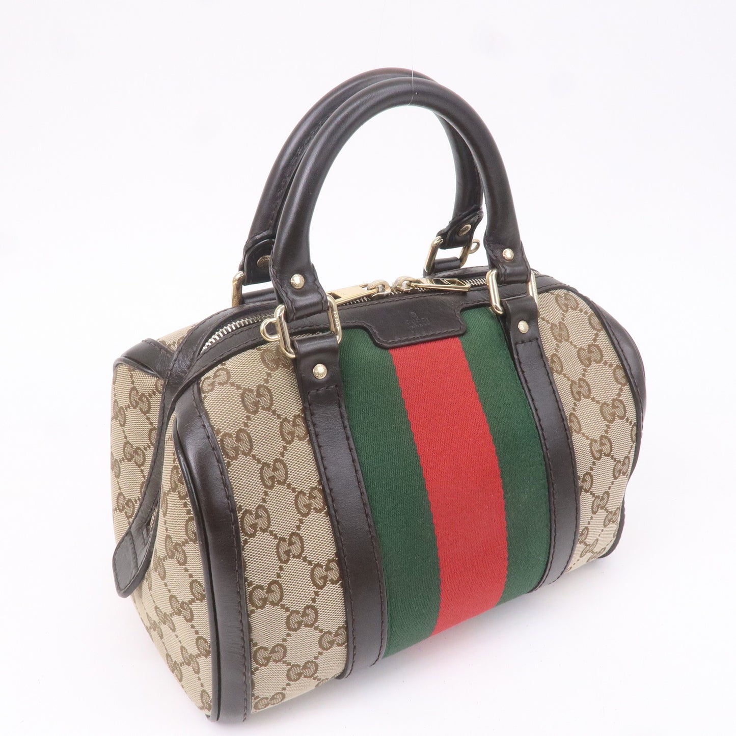GUCCI Sherry GG Canvas Leather Boston Bag Beige Brown 269876