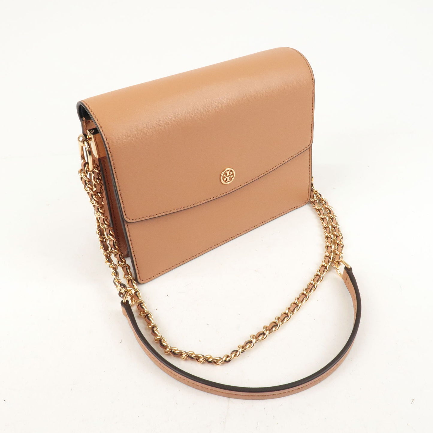 Tory Burch Leather Flap Chain Shoulder Bag Brown Beige