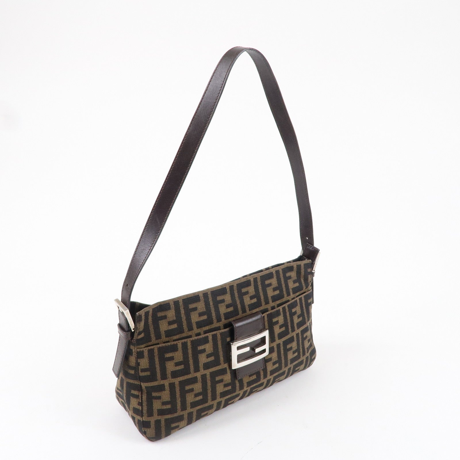 FENDI Zucca Canvas Leather Shoulder Bag Brown Black 26566