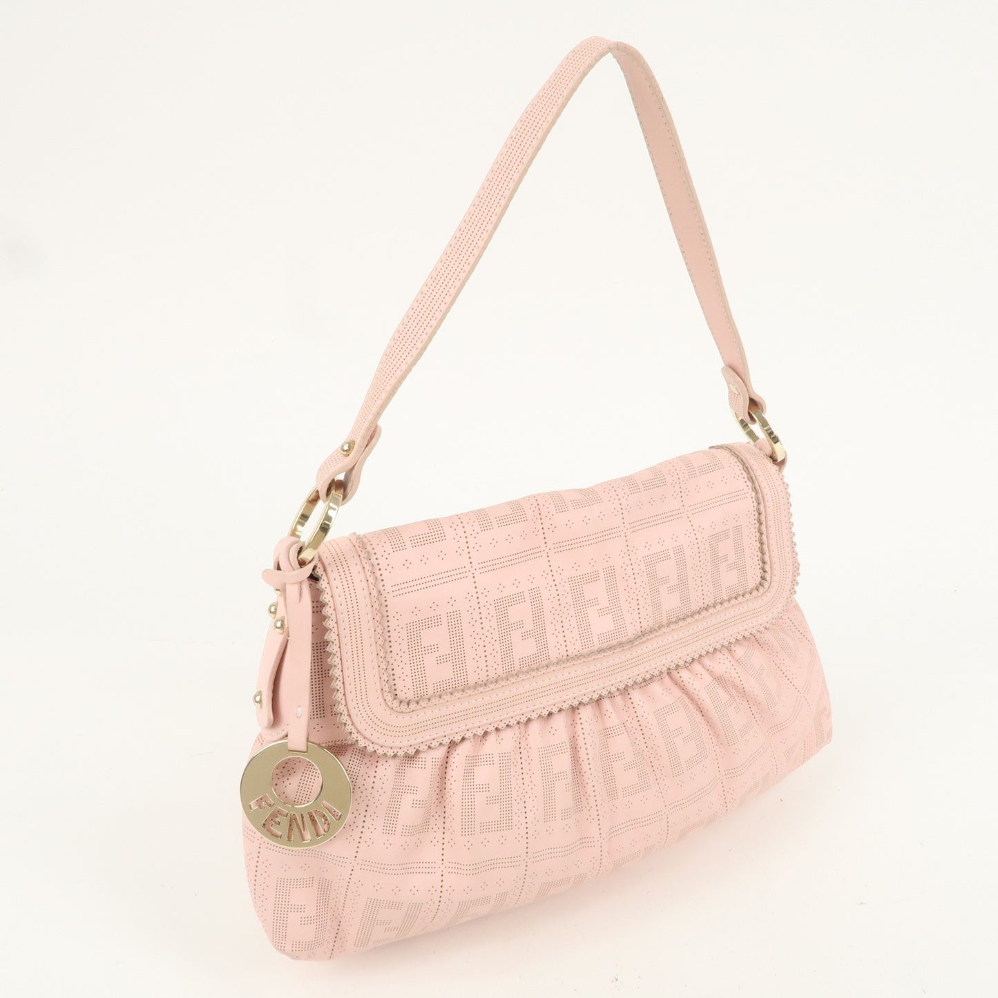 FENDI Zucca Leather Punching Shoulder Bag Pink 8BR445