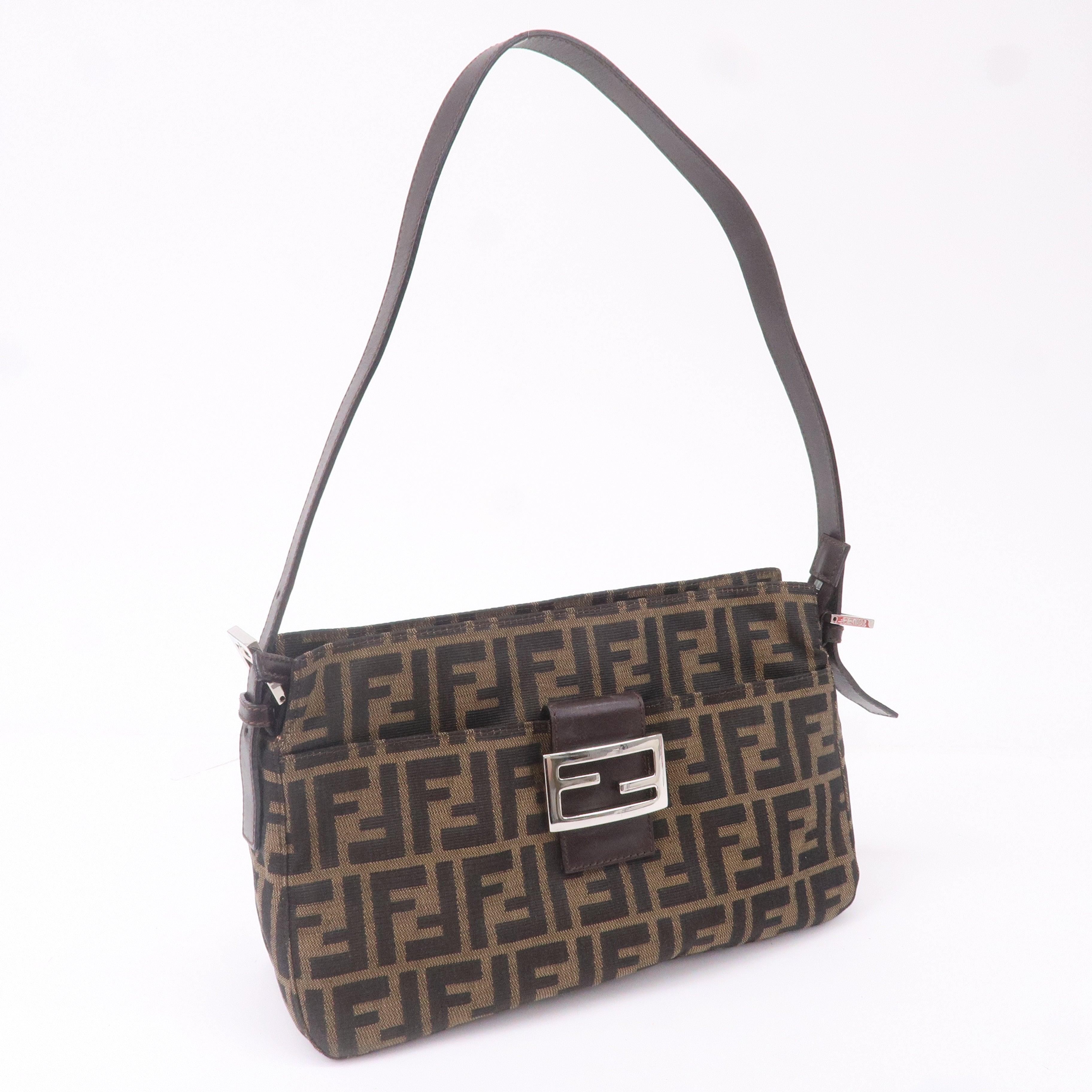 FENDI Zucca Canvas Leather Shoulder Bag Brown Black 26566