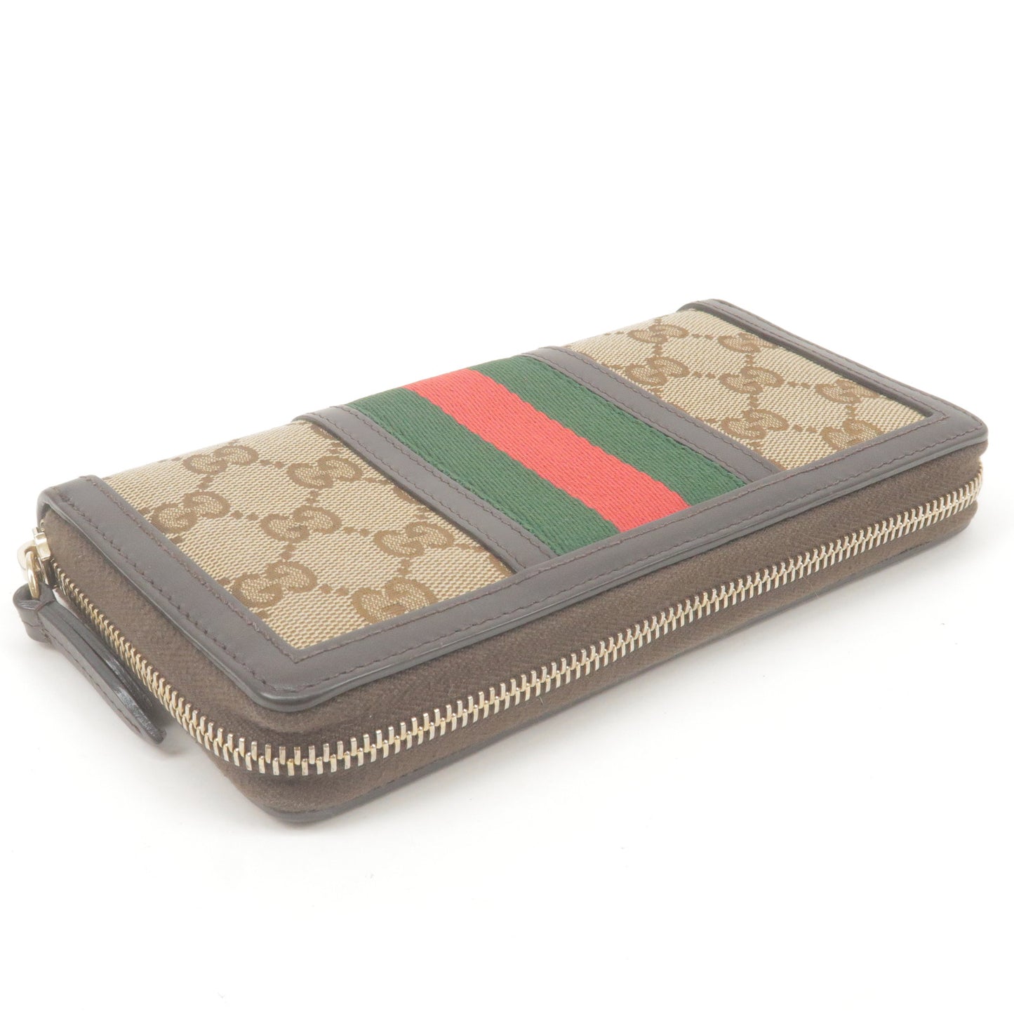 GUCCI Sherry GG Canvas Leather Long Wallet Beige Dark Brown 406754
