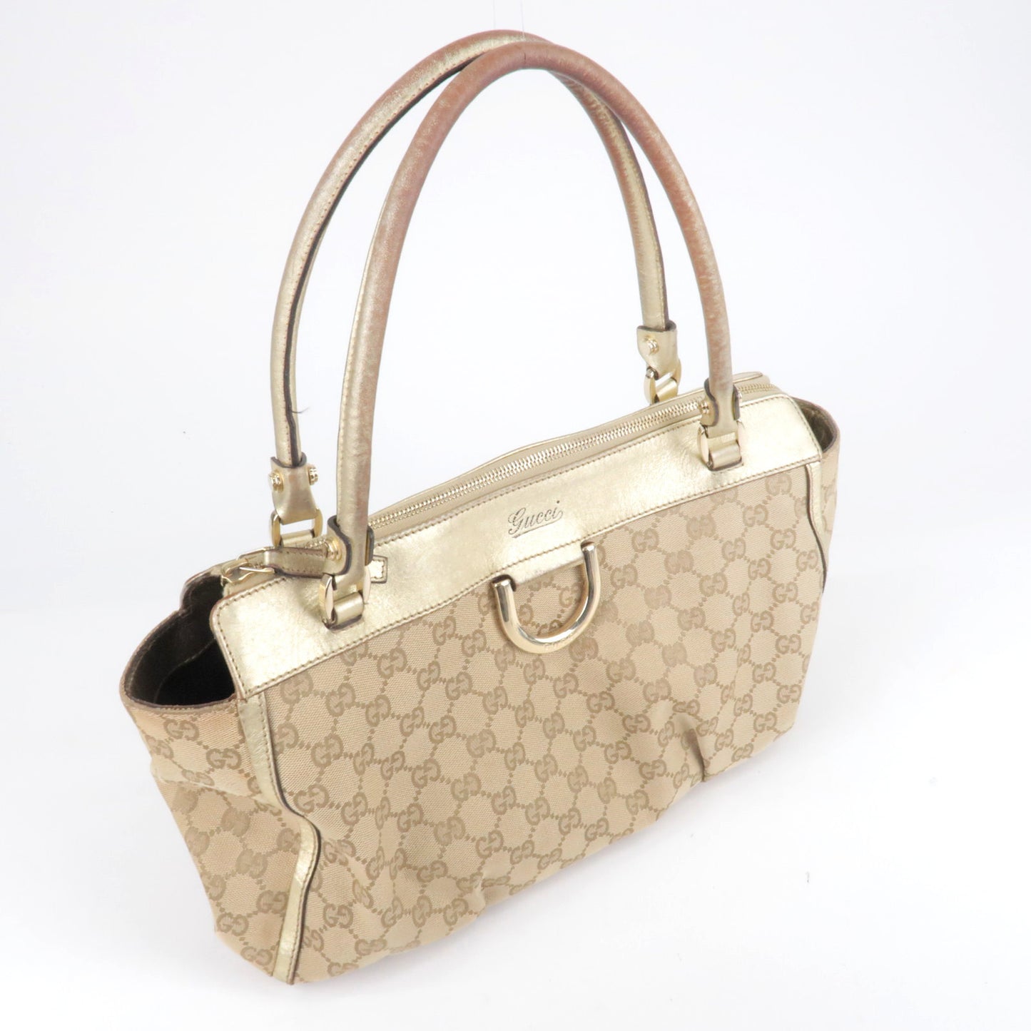 GUCCI Abbey GG Canvas Leather Tote Bag Beige Gold 189831