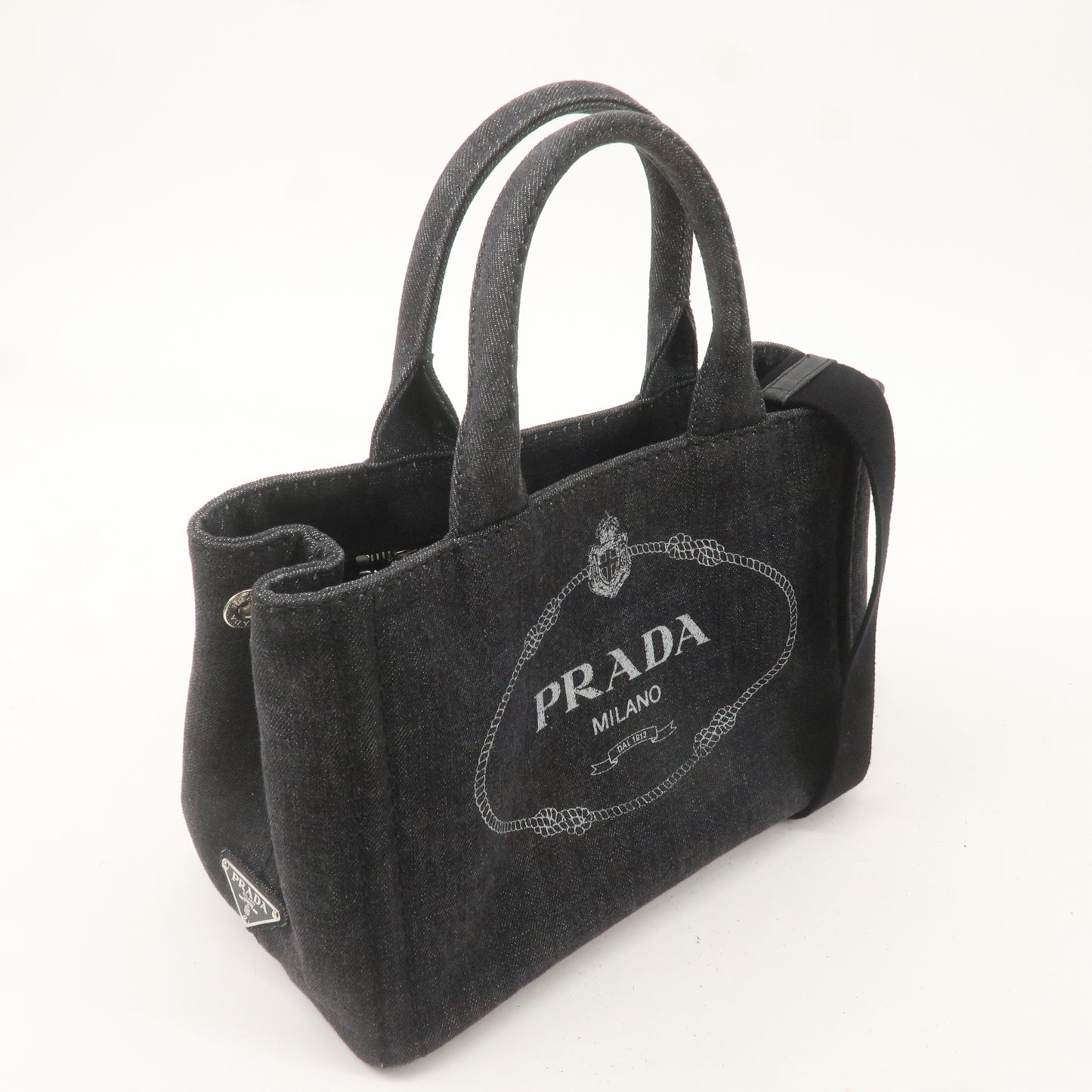 PRADA Logo Canapa Mini Canvas 2Way Hand Bag Denim Black 1BG439