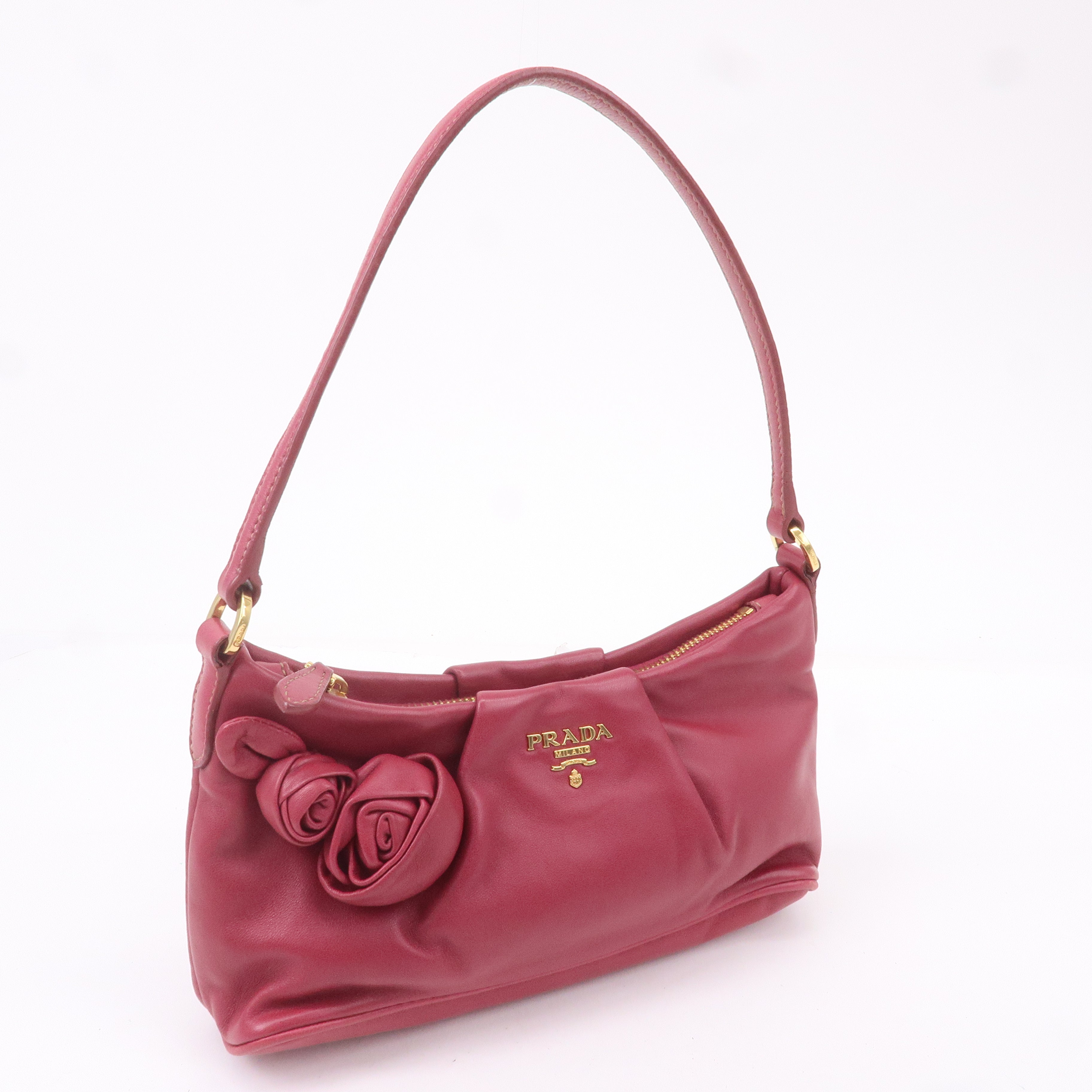 PRADA Leather Rose Corsage Hand Bag Pouch Pink 1N1439 dct