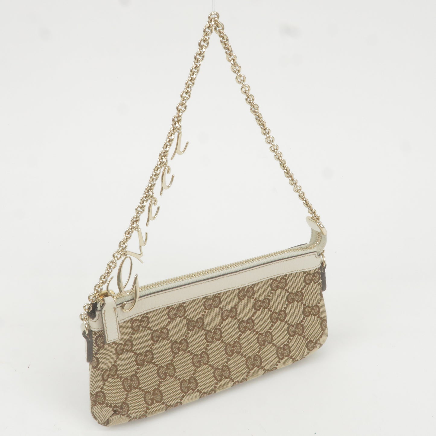 GUCCI GG Canvas Leather Chain Pouch Bag Beige Ivory 120940