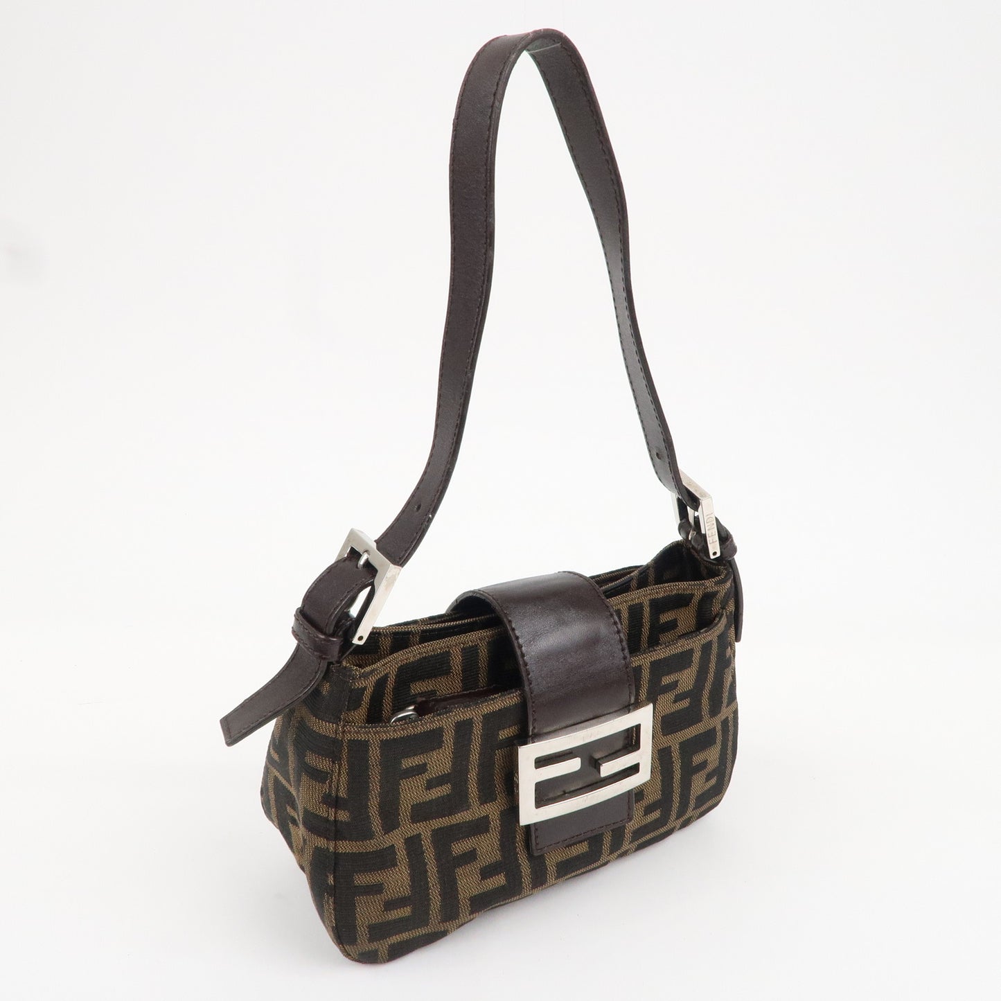 FENDI Zucca Canvas Leather Shoulder Bag Brown Black 26723