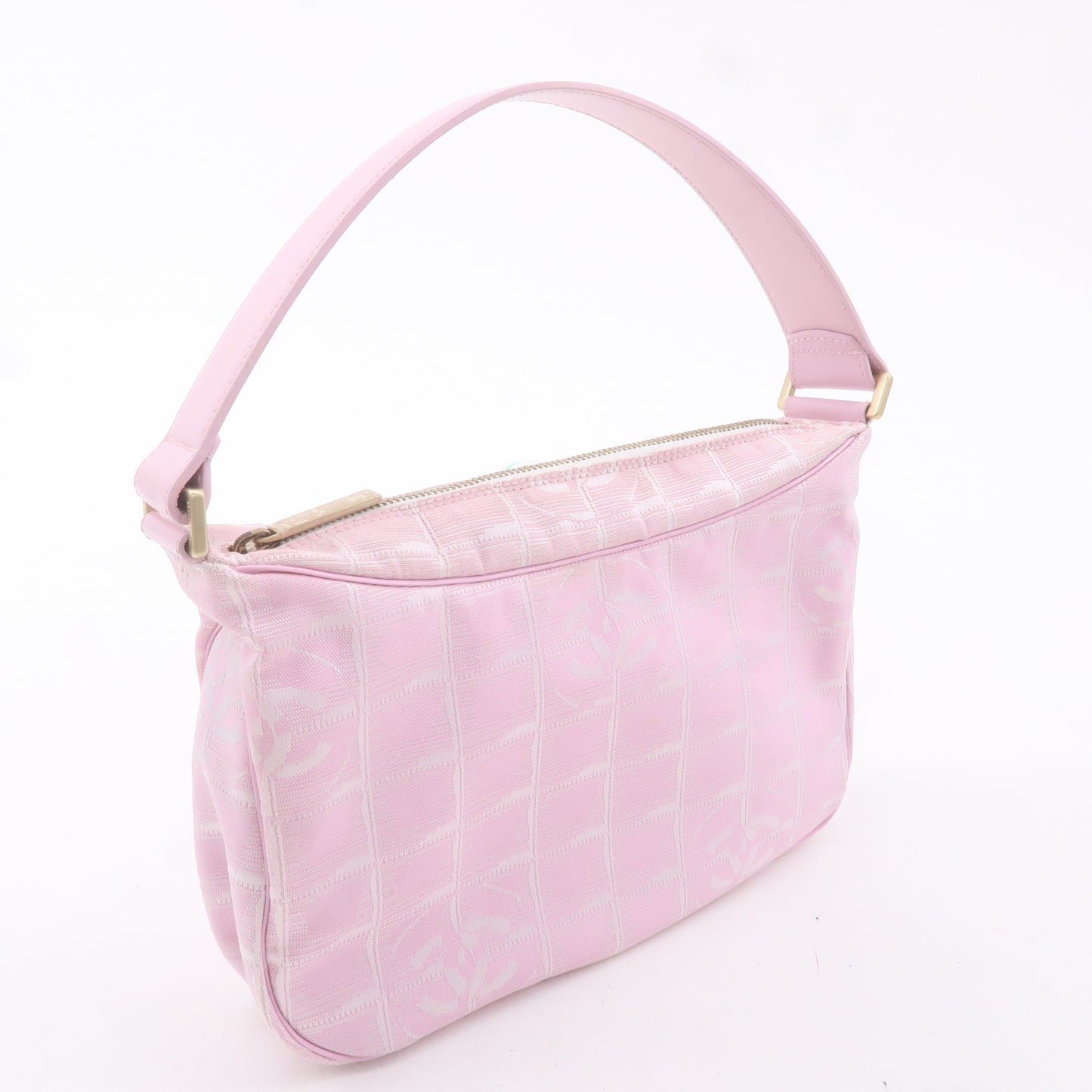 CHANEL New Travel Line Nylon Jacquard Leather Hand Bag Pink A20516