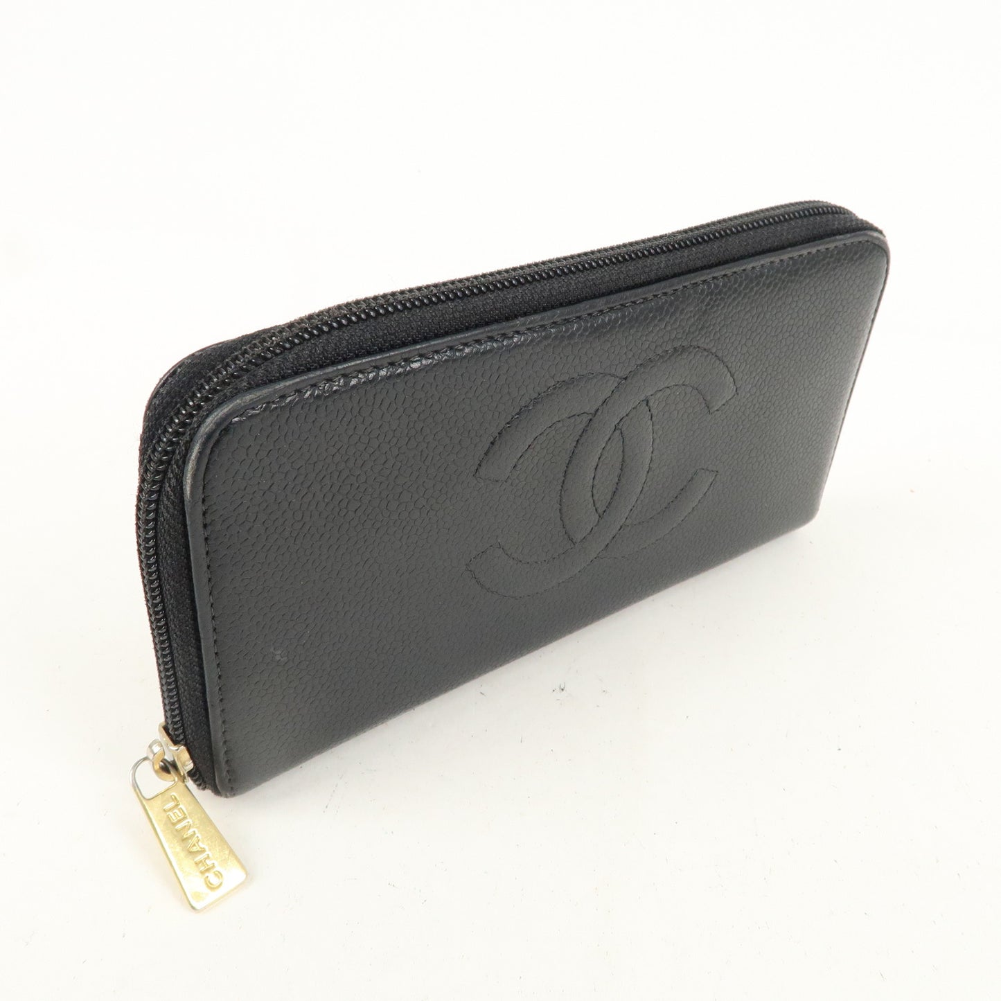 CHANEL Caviar Skin Round Zippy Long Wallet Black A13228