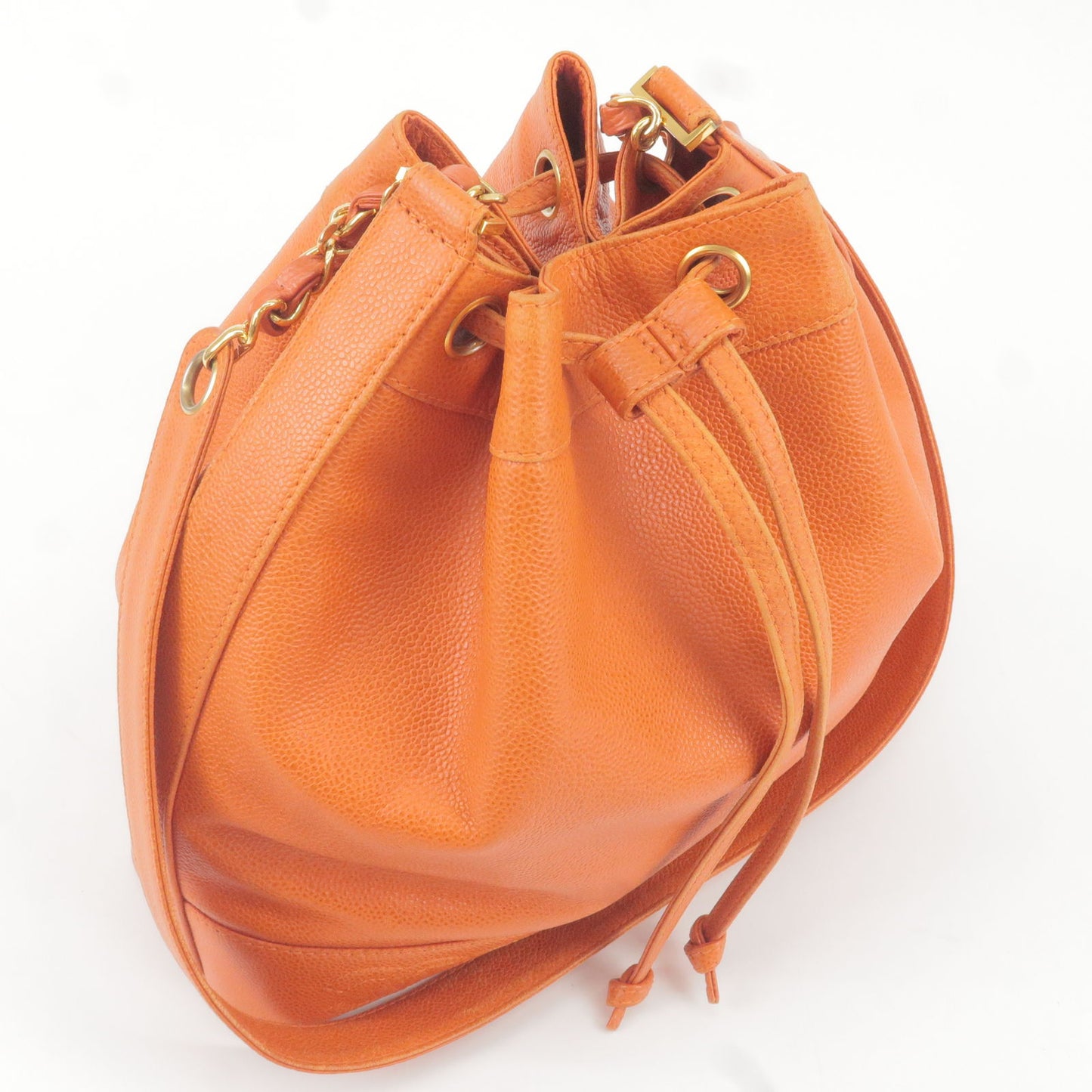 CHANEL Triple COCO Caviarskin Drawstring Chain Shoulder Bag Orange