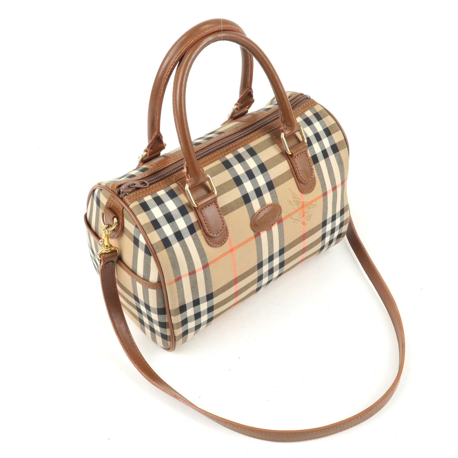 BURBERRY-Nova-Plaid-Canvas-Leather-2Way-Mini-Boston-Bag-BeigeBrown