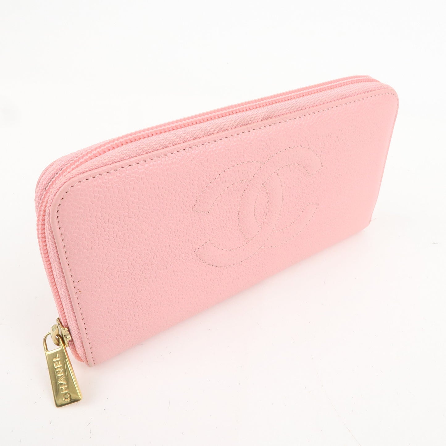 CHANEL Caviar Skin Round Zippy Long Wallet Pink A13228