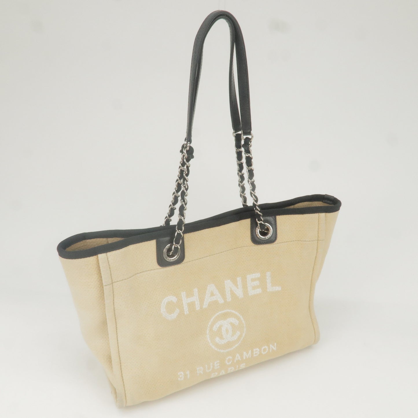 CHANEL Deauville MM Canvas Leather Chain Tote Bag Beige A67001
