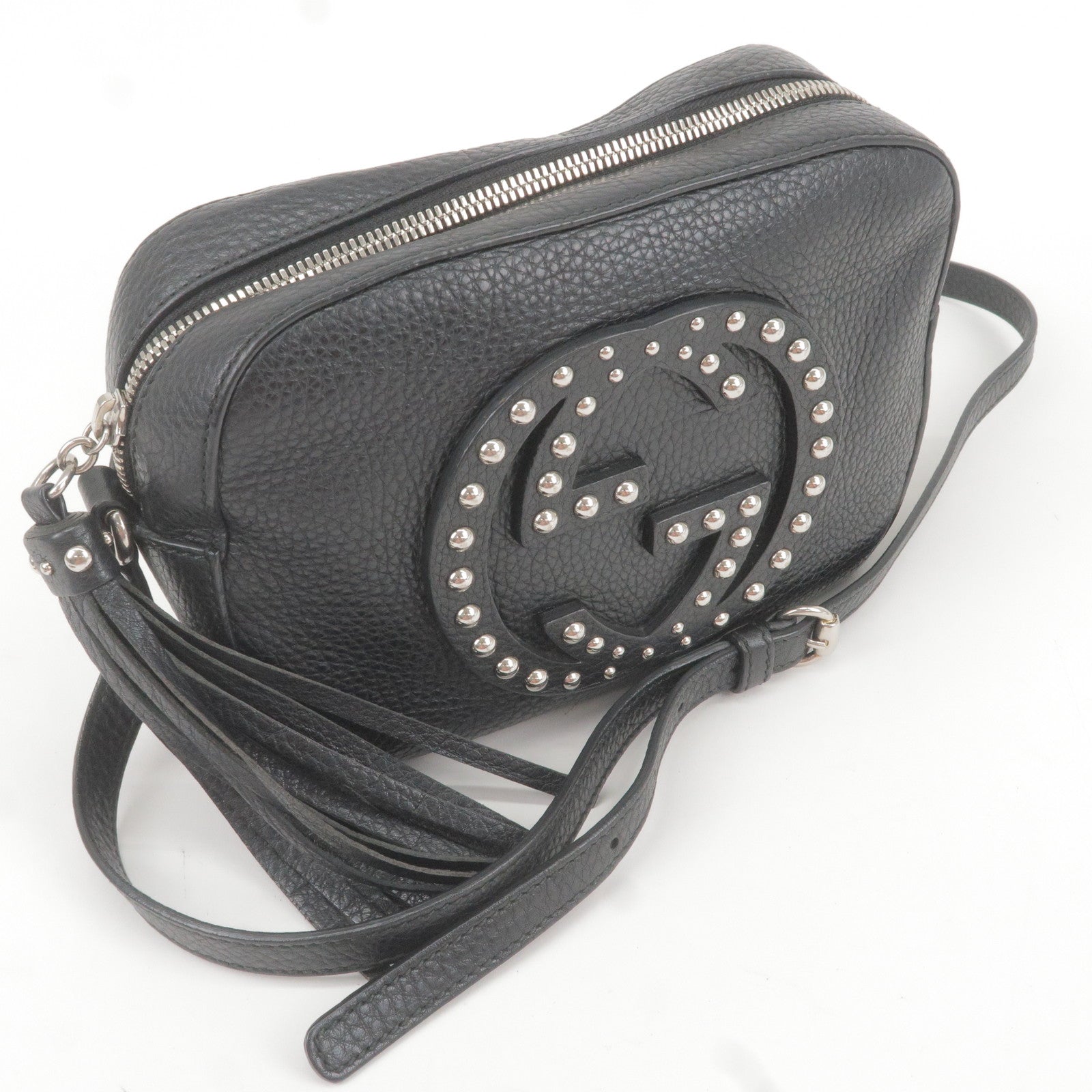 GUCCI SOHO Small Disco Studs Leather Shoulder Bag Black 308364