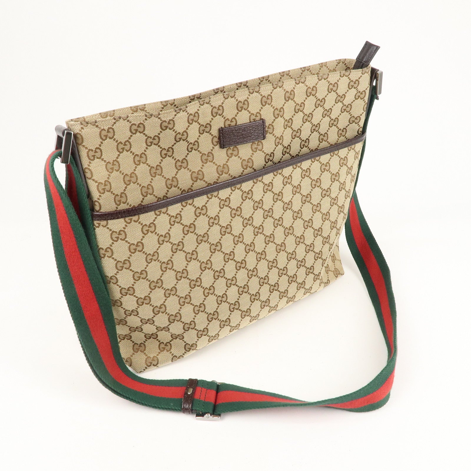 Beige GG GUCCI Canvas Shoulder Bag Leather Sherry