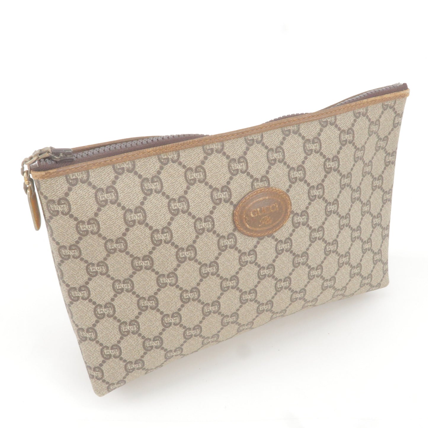 GUCCI Old Gucci GG Plus Leather Clutch Bag Pouch Beige Brown