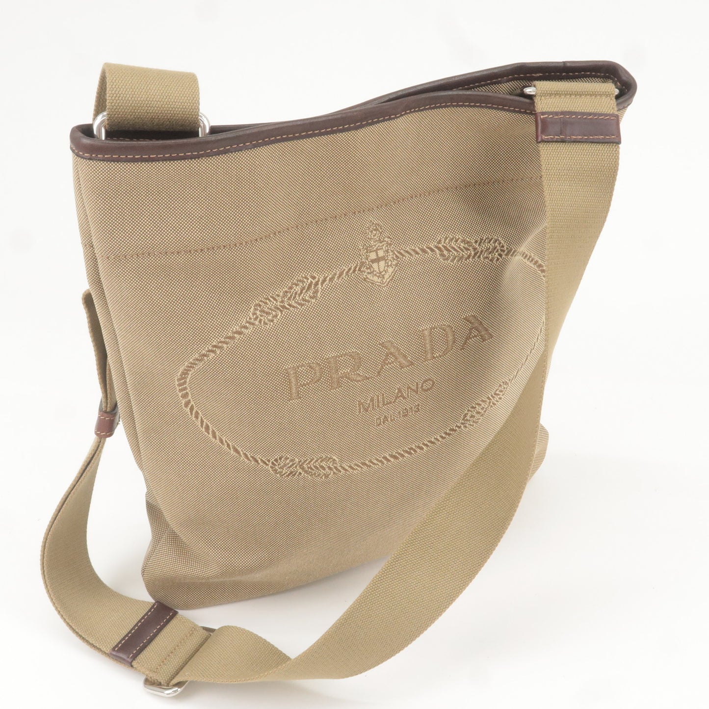 PRADA Logo Jacquard Leather Shoulder Bag Beige Brown VA0655