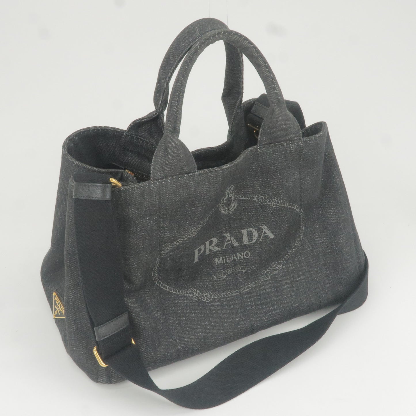 PRADA Logo Canapa Denim Tote Bag Hand Bag NERO Black B2642B