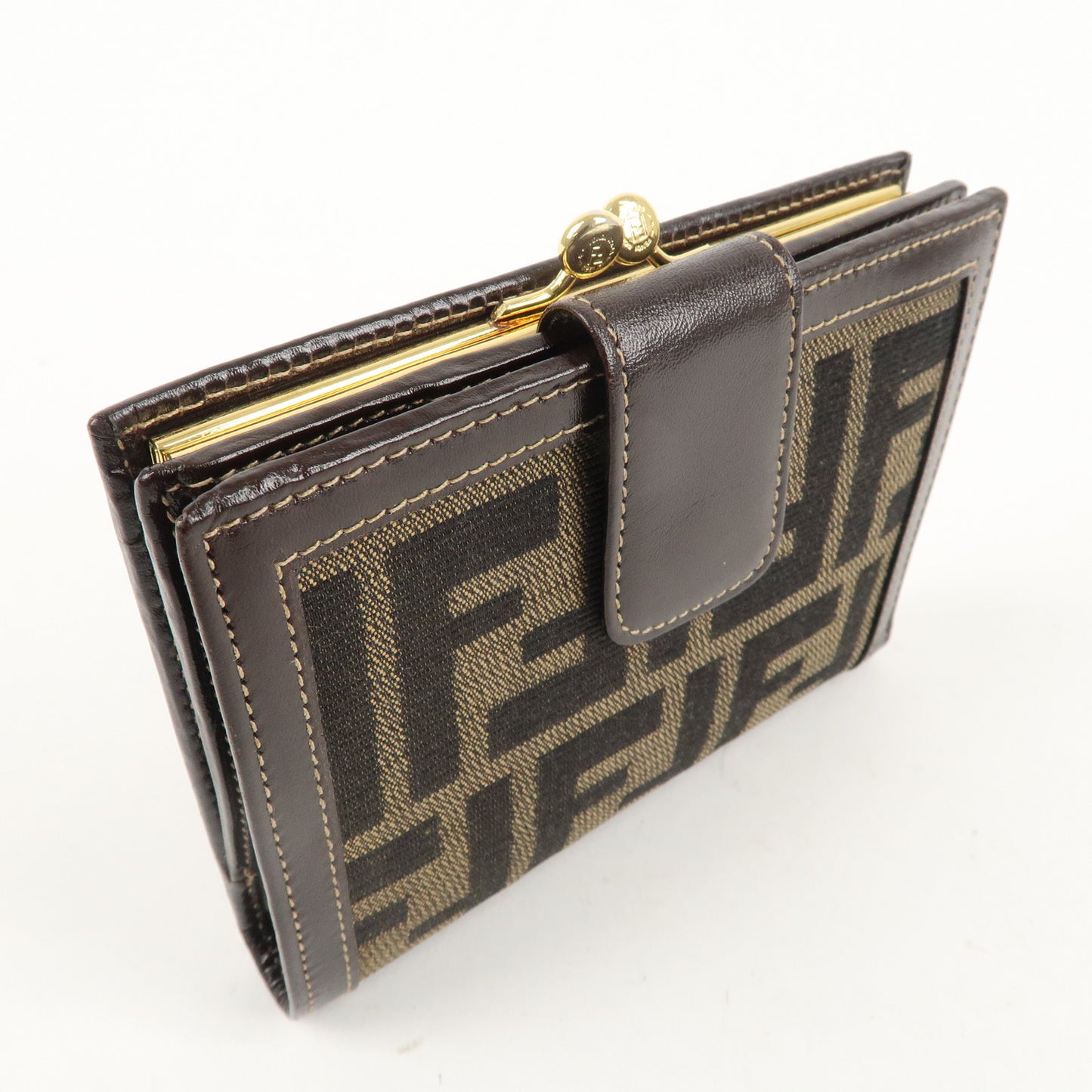 FENDI Zucca Canvas Leather Bi-Fold Wallet Brown Black G1377