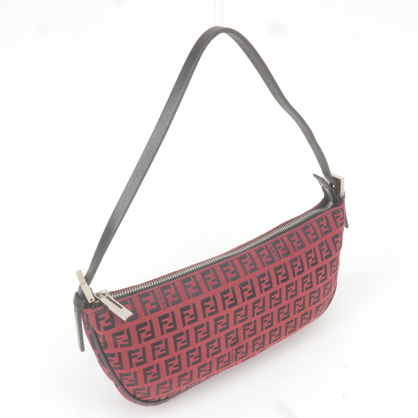 FENDI Zucchino Canvas Leather Shoulder Bag Red Black 8BR144