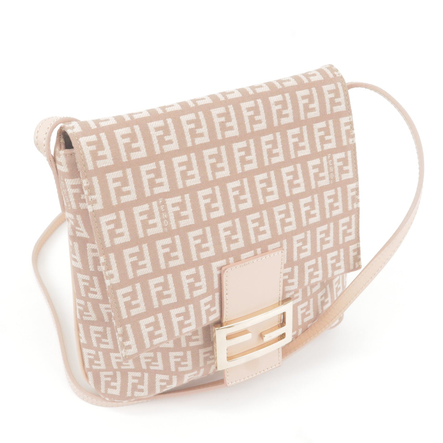 FENDI Zucchino Canvas Leather Shoulder Bag Pink Beige 8BT075