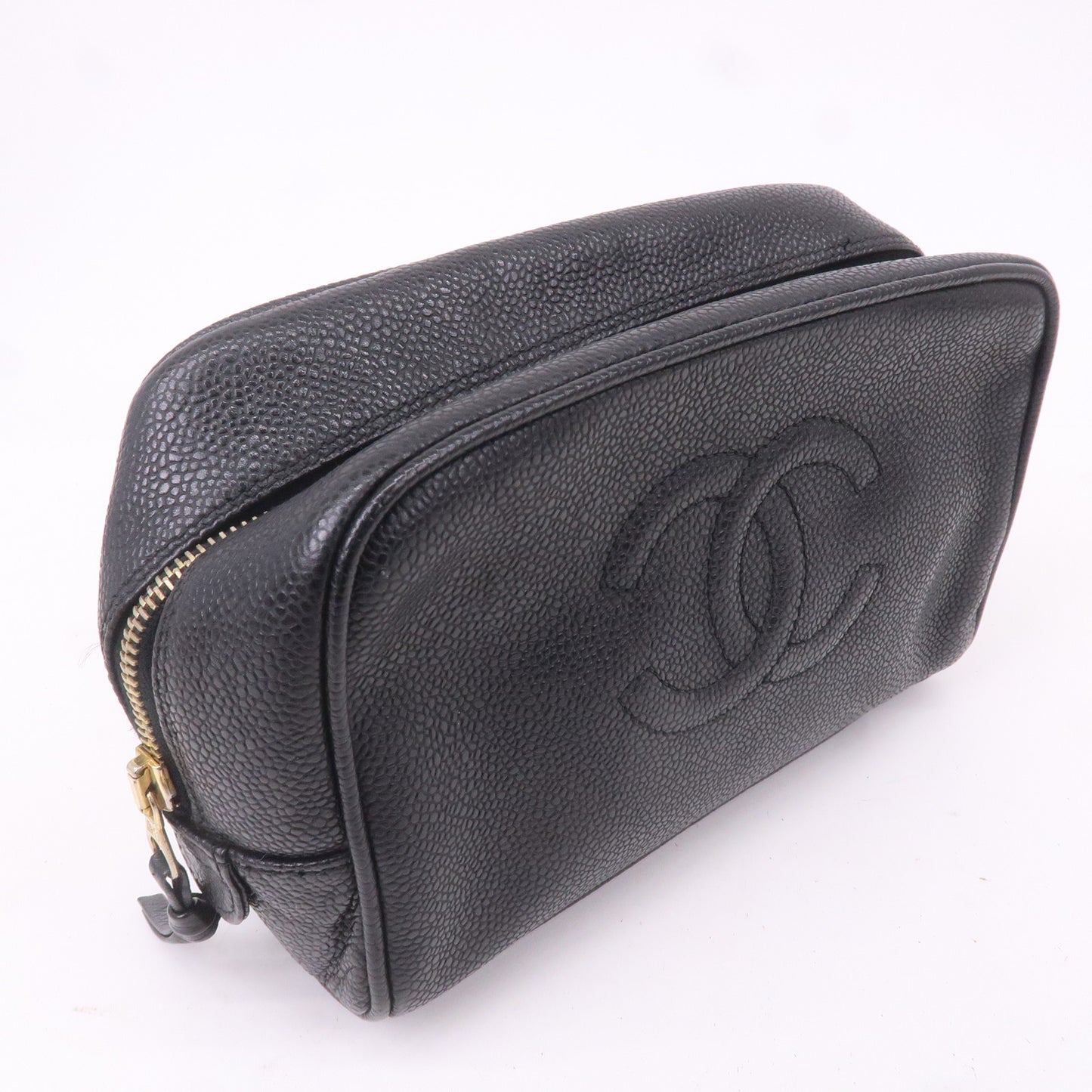 CHANEL Caviar Skin Cosmetic Pouch Black Gold HDW