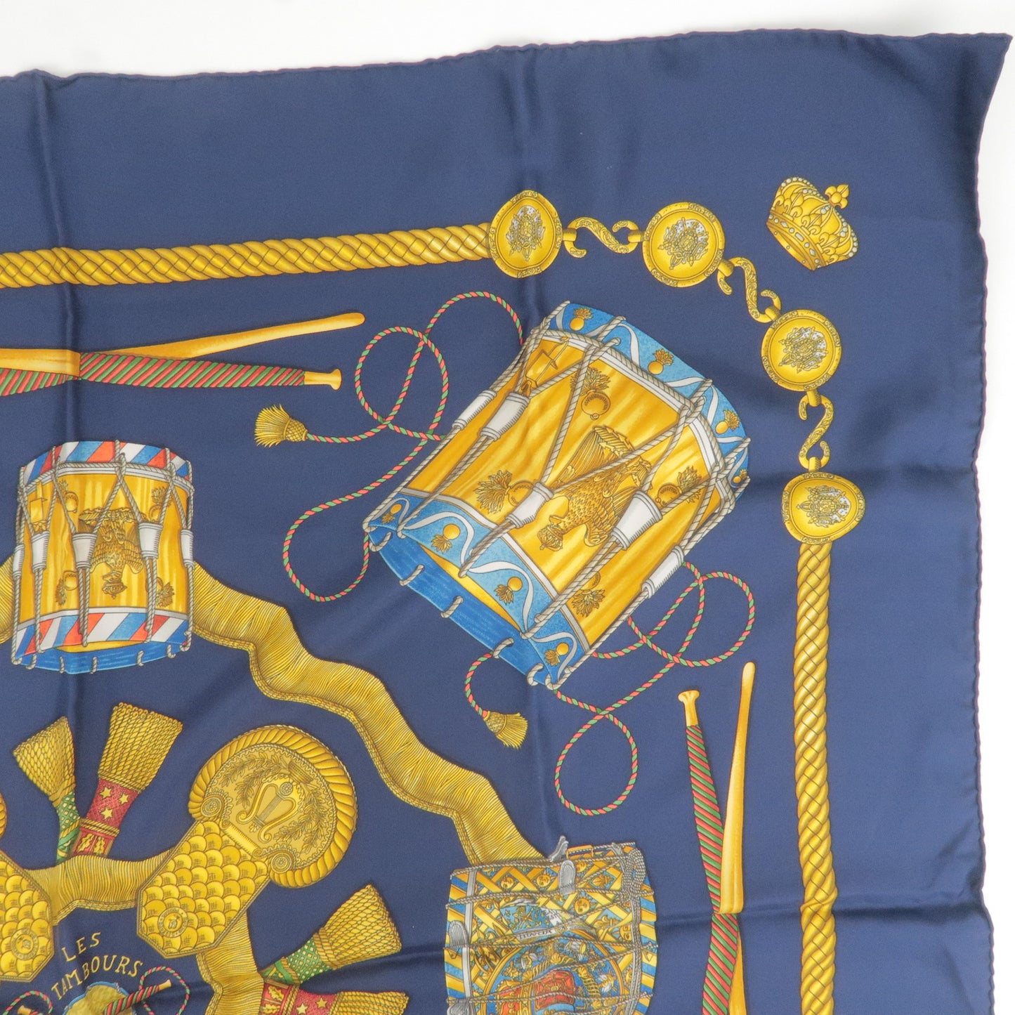 HERMES Carre 90 100% Silk Scarf Les Tambours Navy Gold