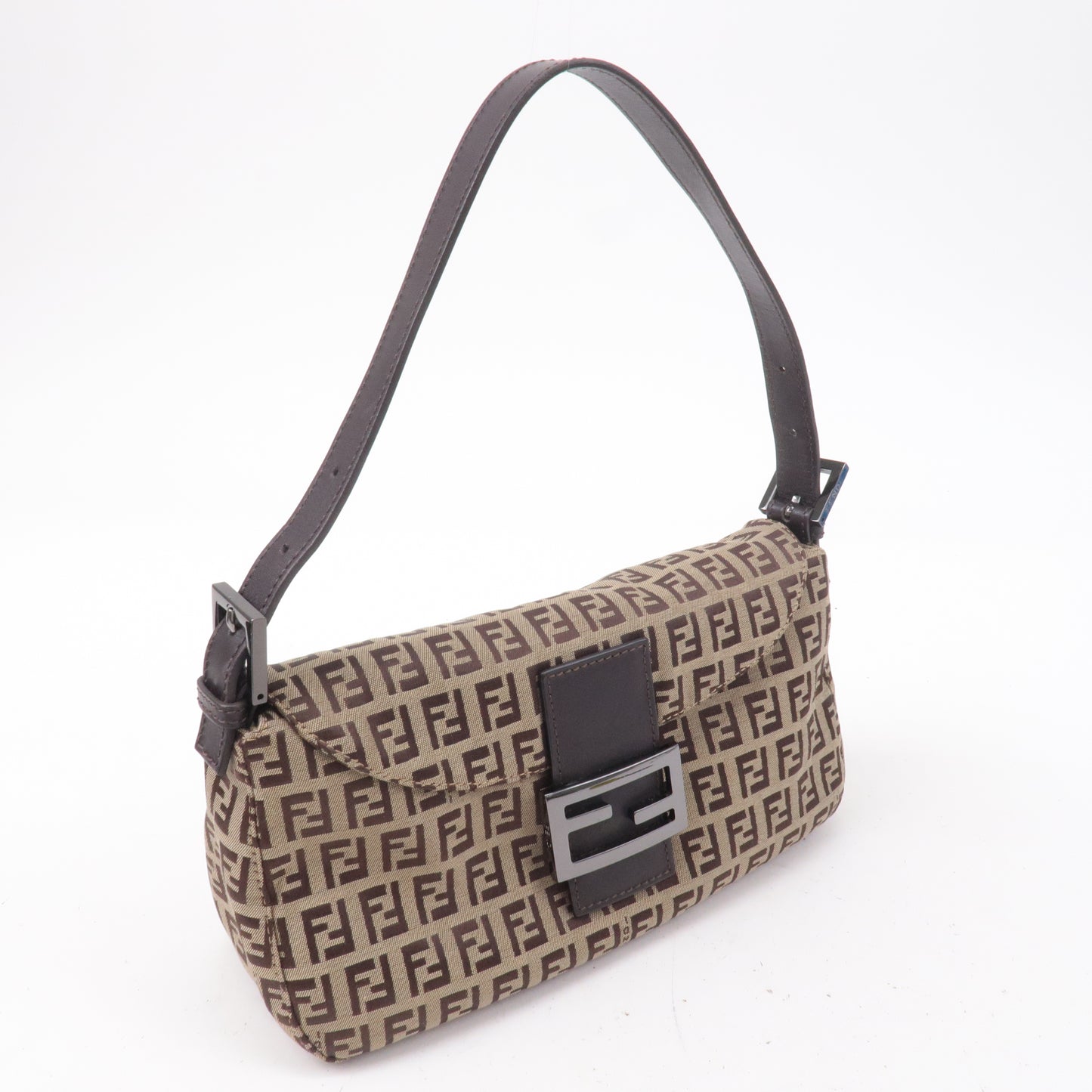 FENDI Zucchino Canvas Leather Shoulder Bag Brown Beige 8BR003