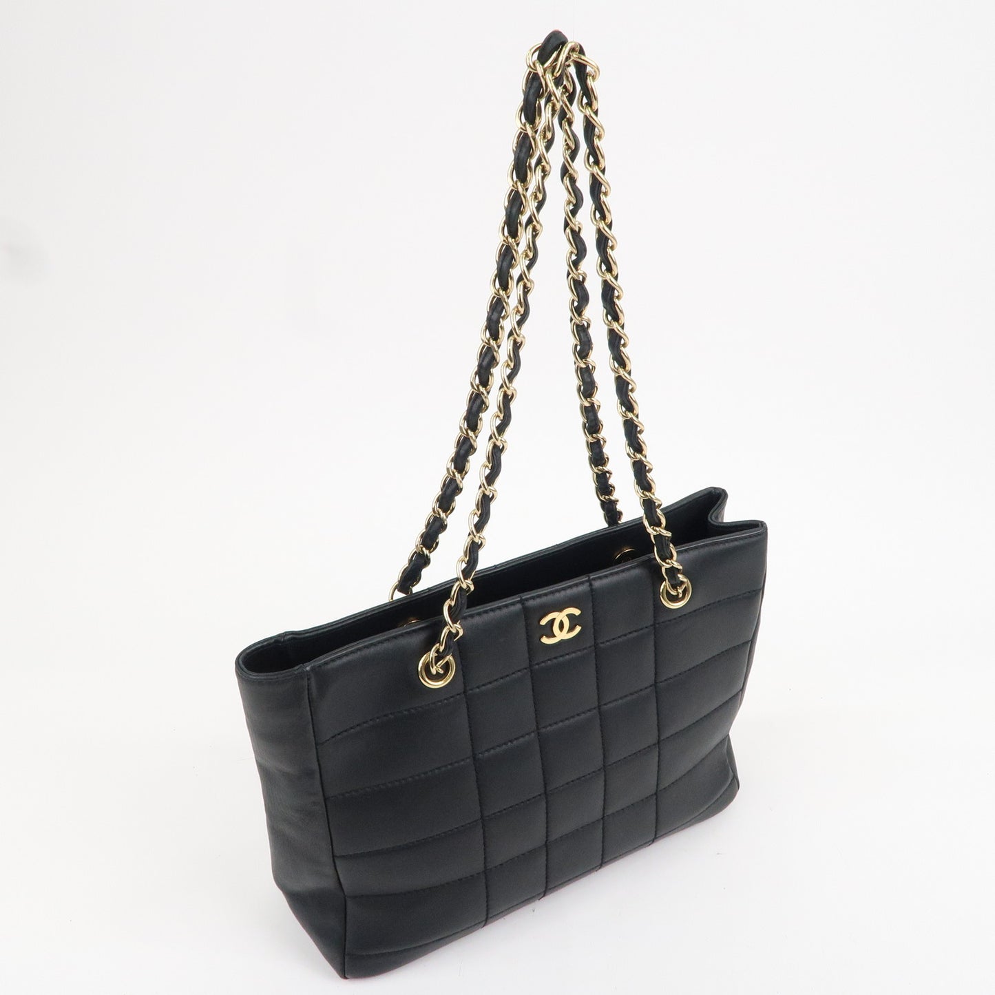 CHANEL Chocolate Bar Lamb Skin Chain Tote Bag Black