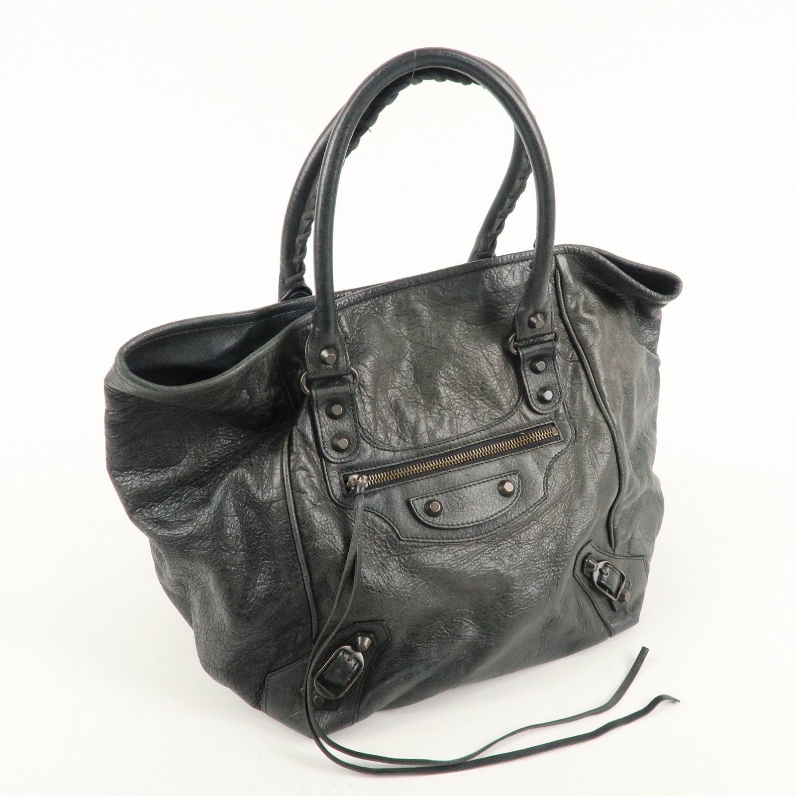 BALENCIAGA Leather The Sunday Tote Hand Bag Dark Gray 228750